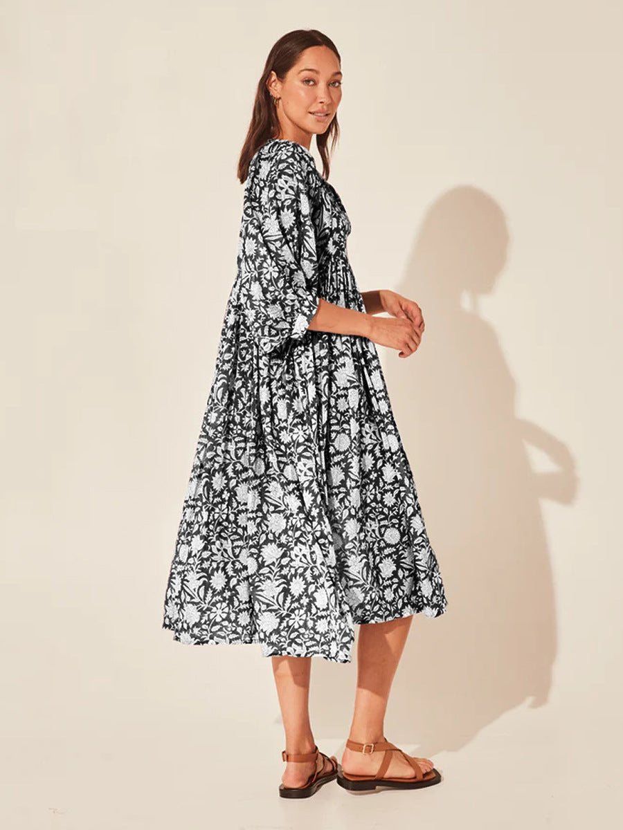 Floral Tie Neck Lantern Sleeve Dress - Blushé Belle