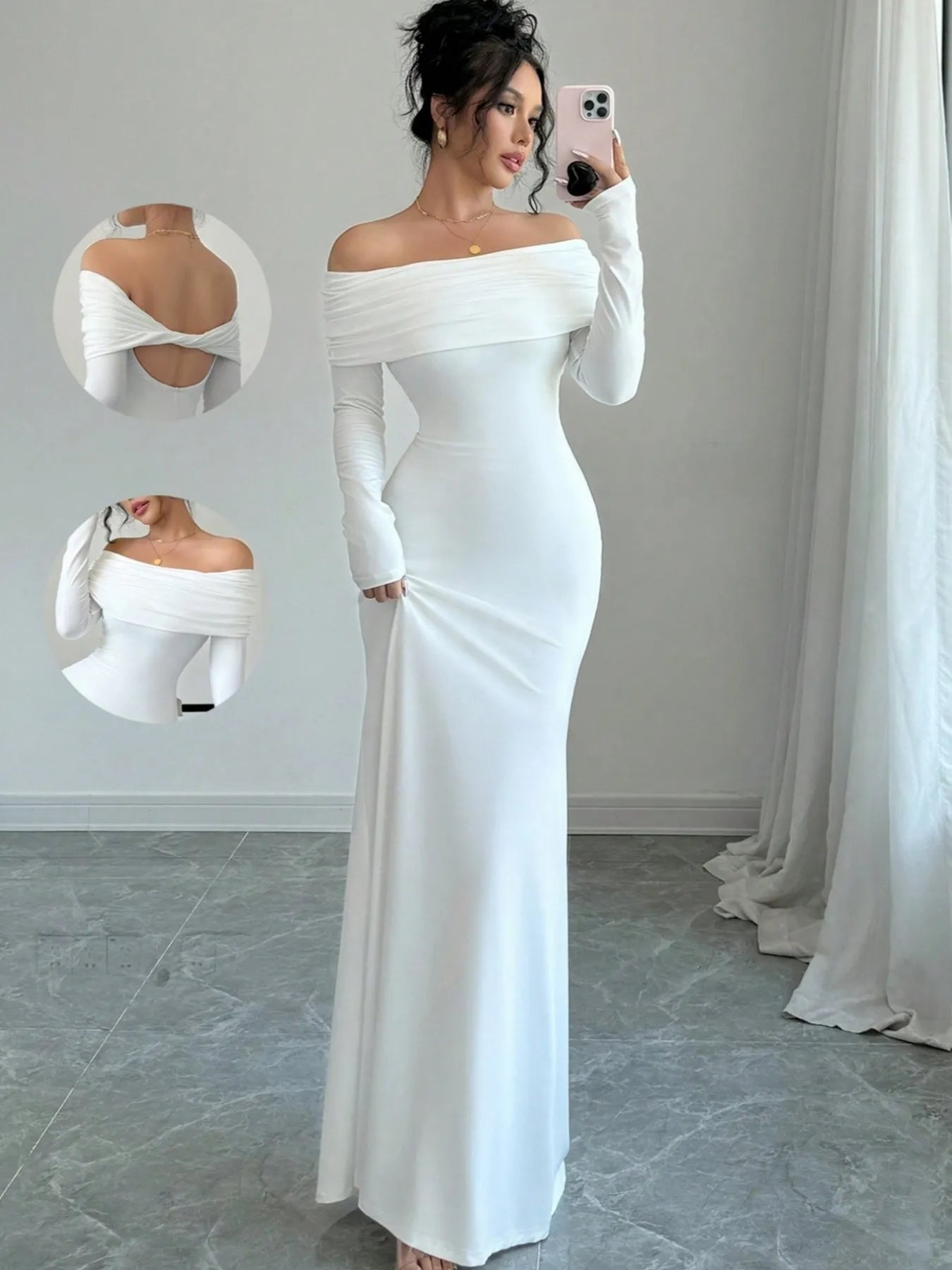 Off-Shoulder Long Sleeve Bodycon Maxi Dress - Blushé Belle