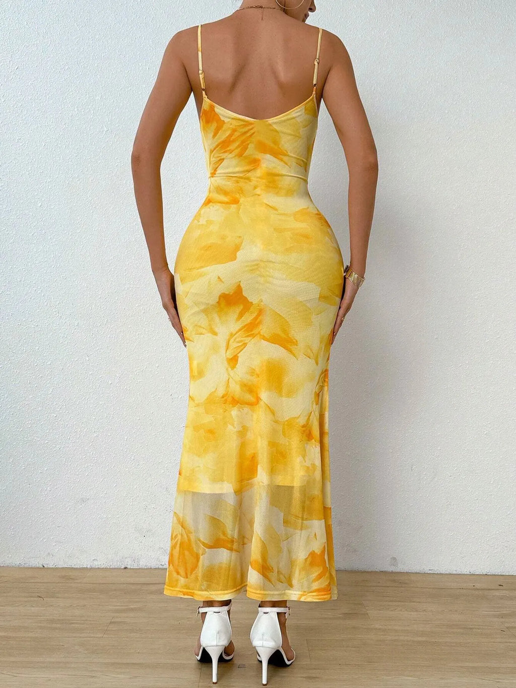 Tie-Dye Ruched Bodycon Mesh Cami Maxi Dress - Blushé Belle