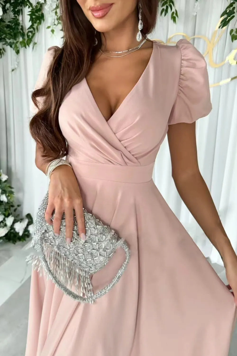 Surplice Puff Sleeve Midi Dress - Blushé Belle