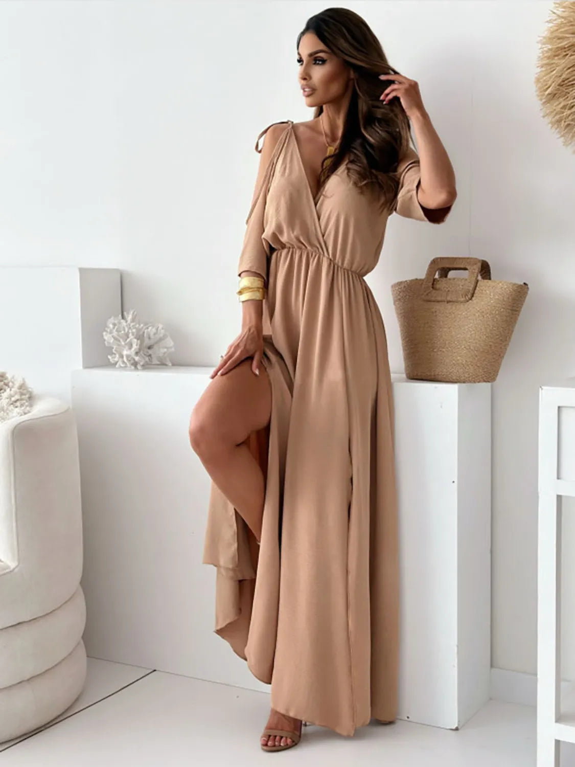 Tied Shoulder Slit Maxi Dress - Blushé Belle