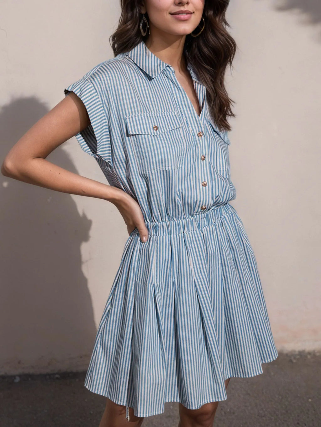 Hlaf Button Striped Cap Sleeve Mini Shirt Dress - Blushé Belle