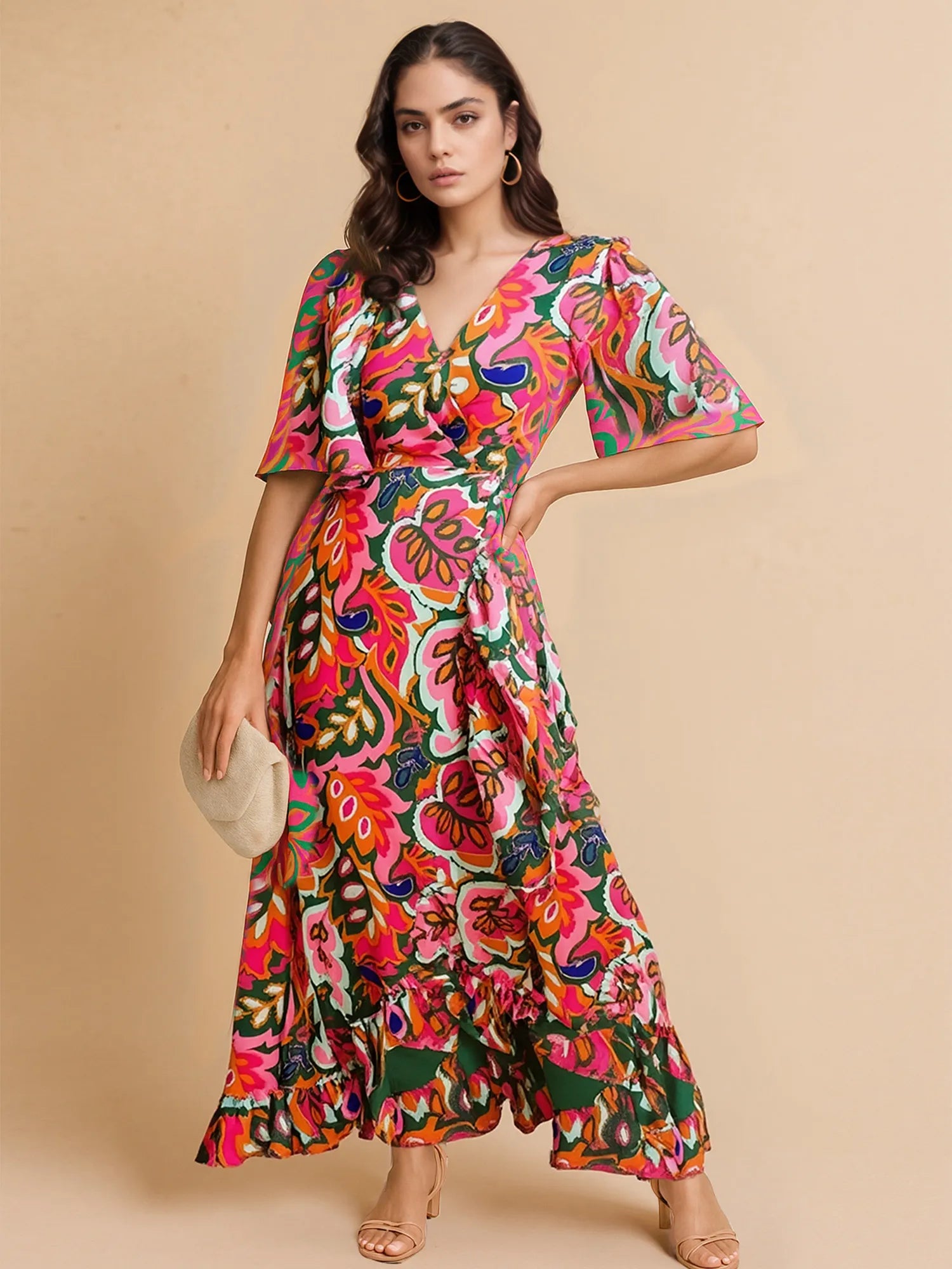 Floral Print Wrap Maxi Dress with Ruffle Details - Blushé Belle