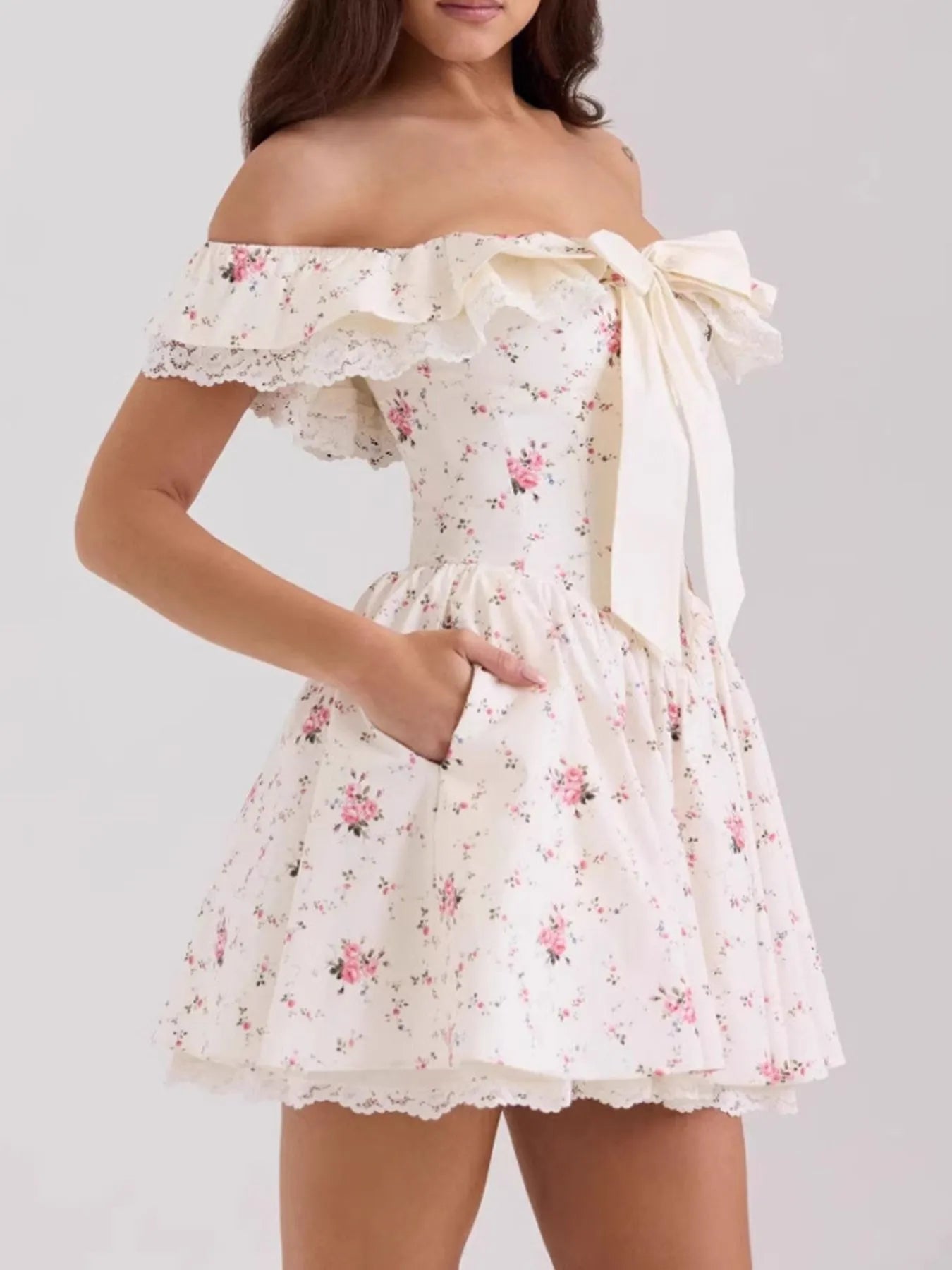 Off-Shoulder Floral Lace Trim Mini Dress - Blushé Belle