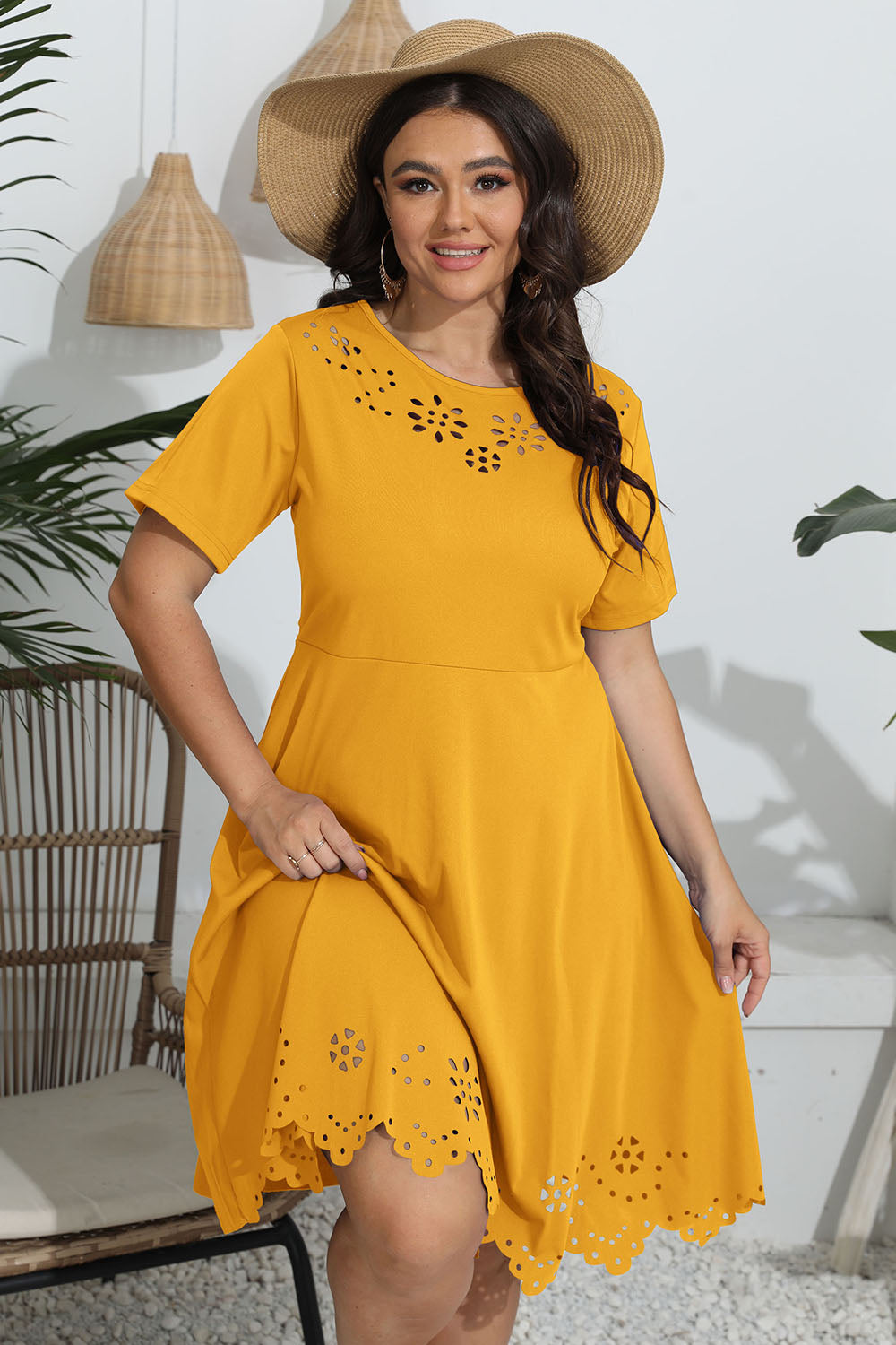 Plus Size Round Neck Openwork Dress - Blushé Belle