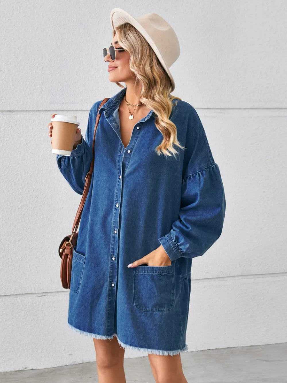 Button Up Pocketed Raw Hem Denim Dress - Blushé Belle