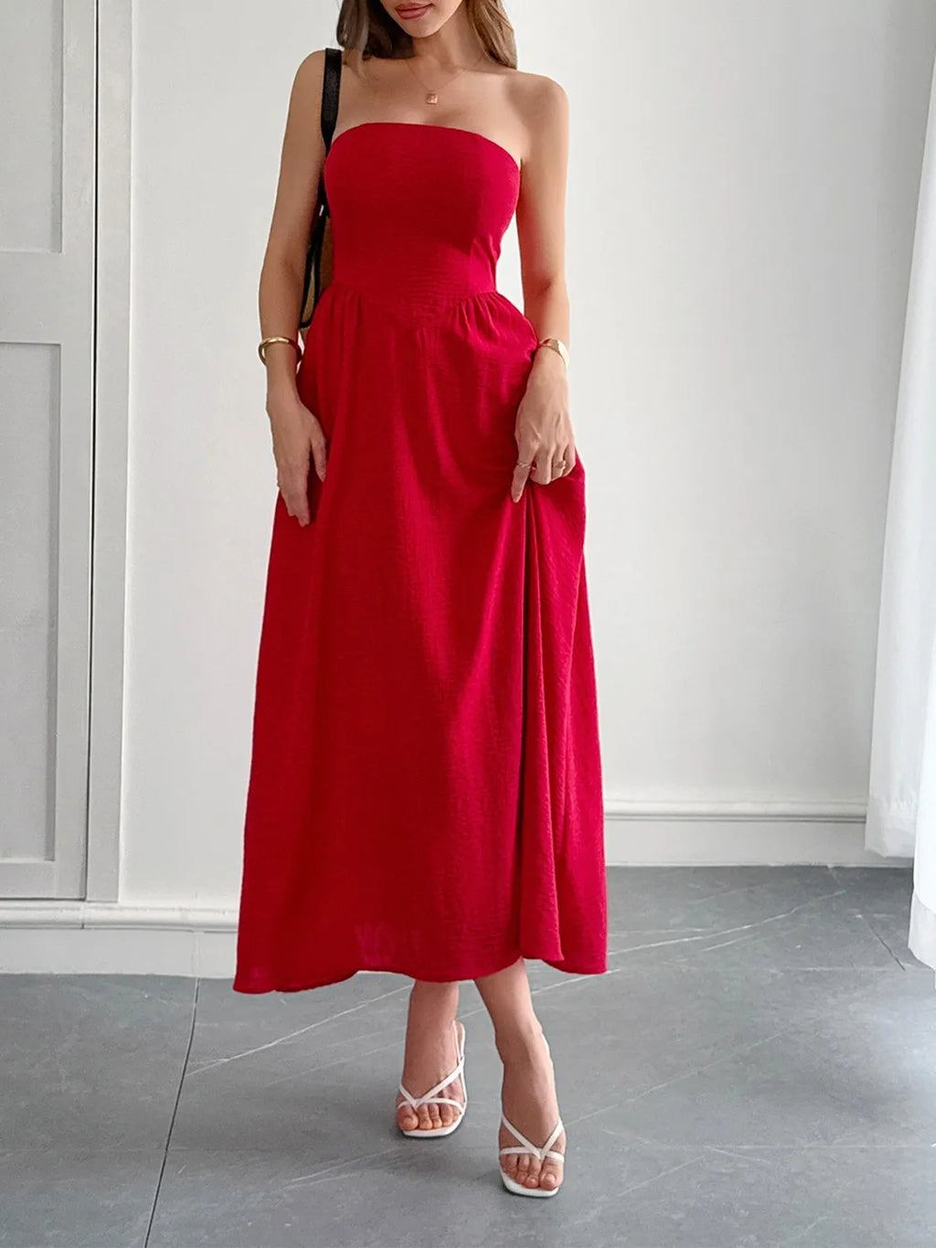 Strapless A-Line Midi Dress with Pockets - Blushé Belle