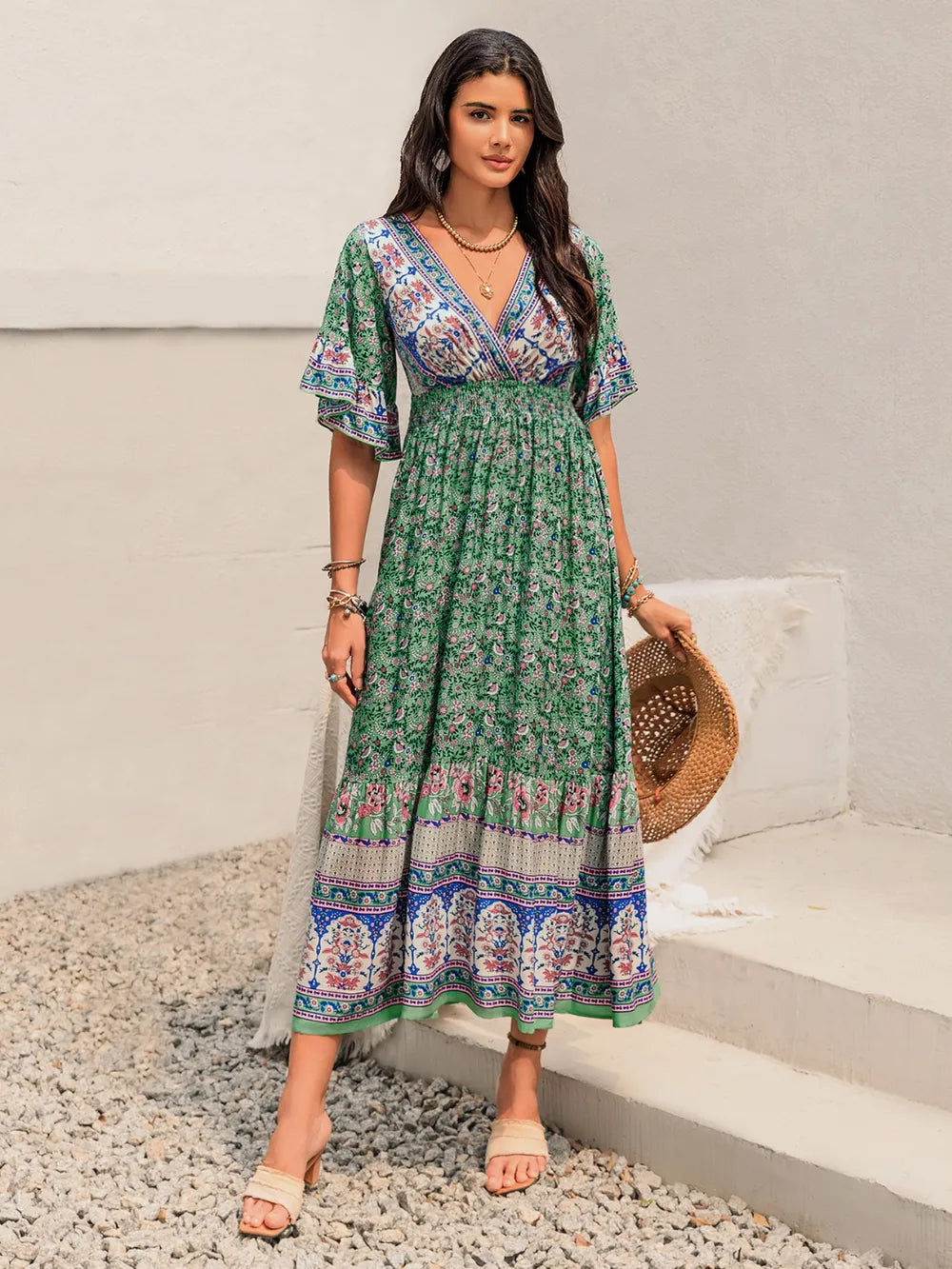 Ruched Printed Flounce Sleeve Midi Dress - Blushé Belle