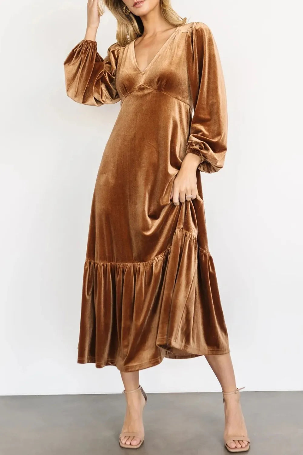 V-Neck Long Sleeve Midi Velvet Dress - Blushé Belle