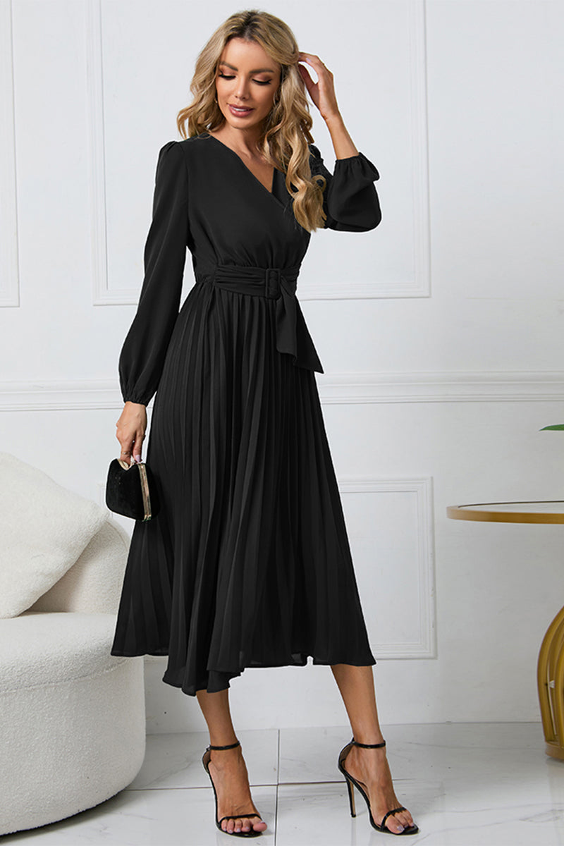 V-Neck Long Sleeve Tie Waist Midi Dress - Blushé Belle