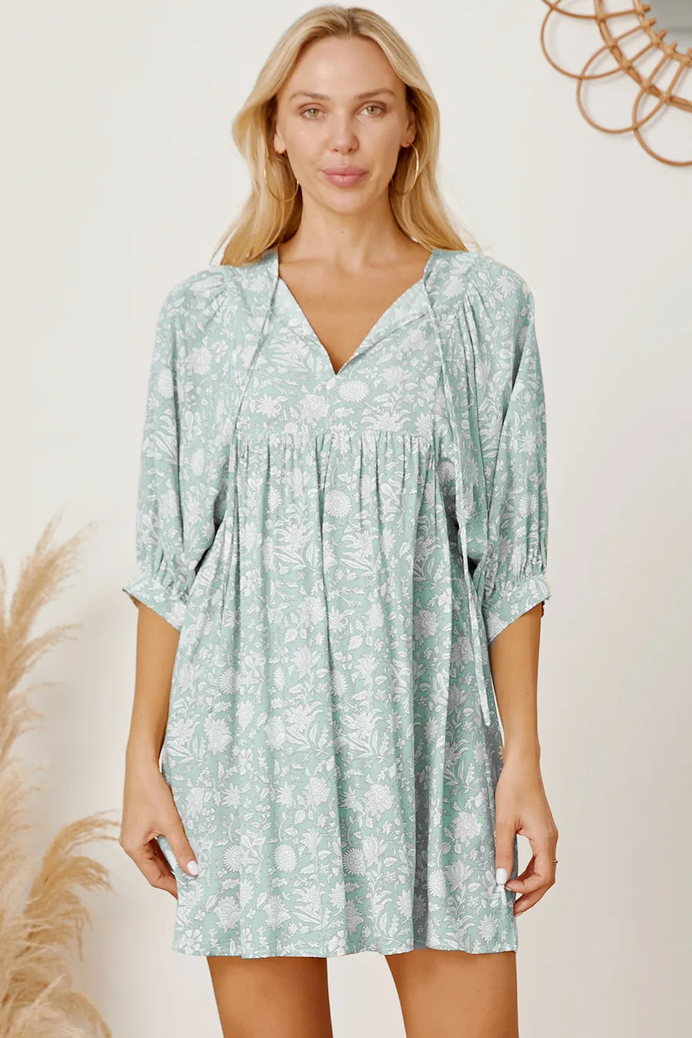 Floral Tie Neck Ruched Babydoll Dress - Blushé Belle
