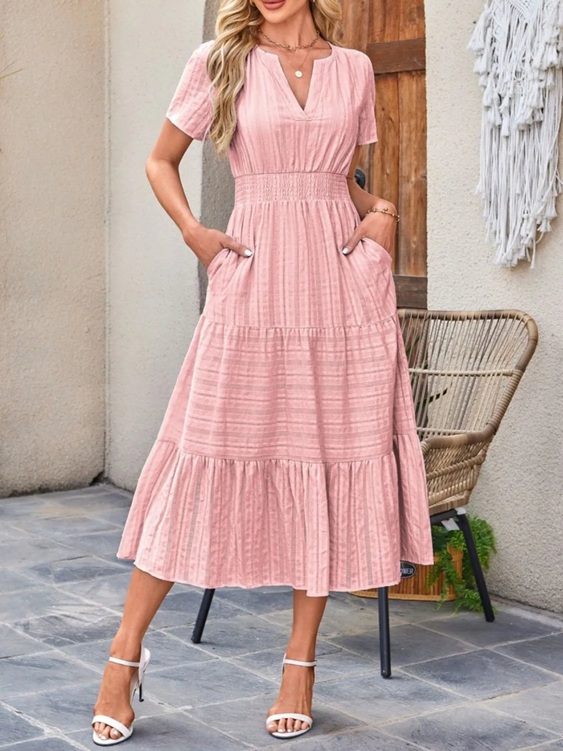Tiered Notched Short Sleeve Dress - Blushé Belle