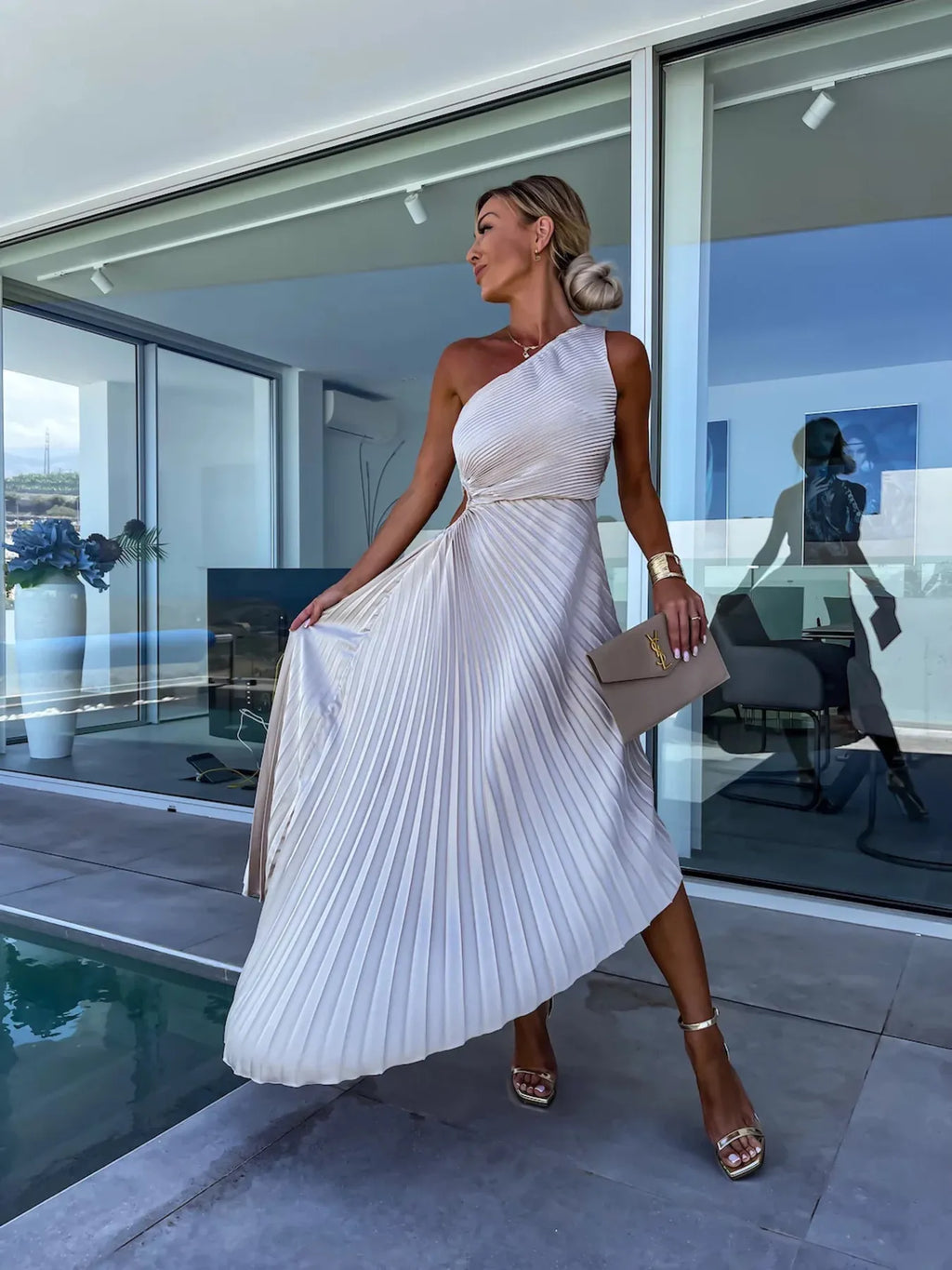 Full Size Single Shoulder Pleated Midi Dress Plus Size - Blushé Belle