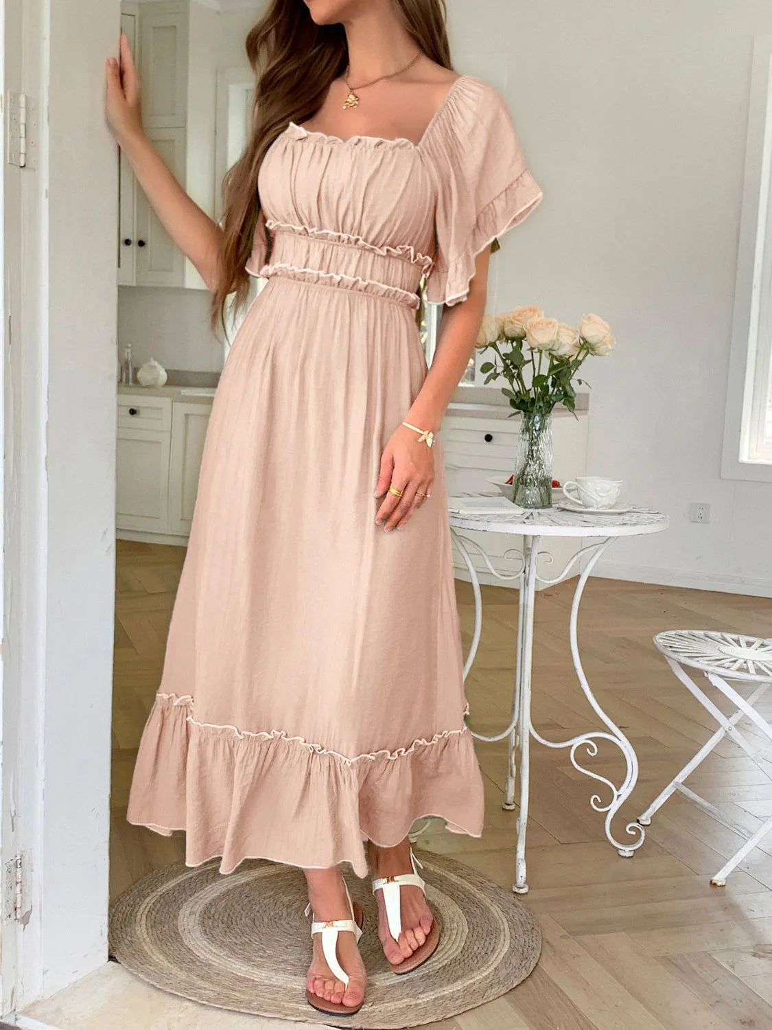 Square Neck Puff Sleeve Ruffle Trim Maxi Dress - Blushé Belle