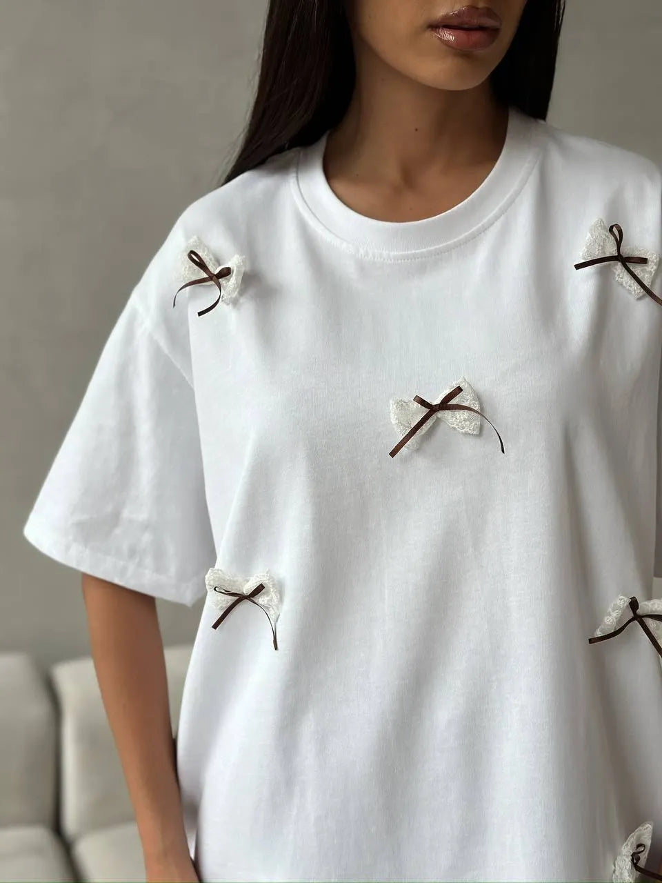 Bow Round Neck Oversized T-Shirt - Blushé Belle