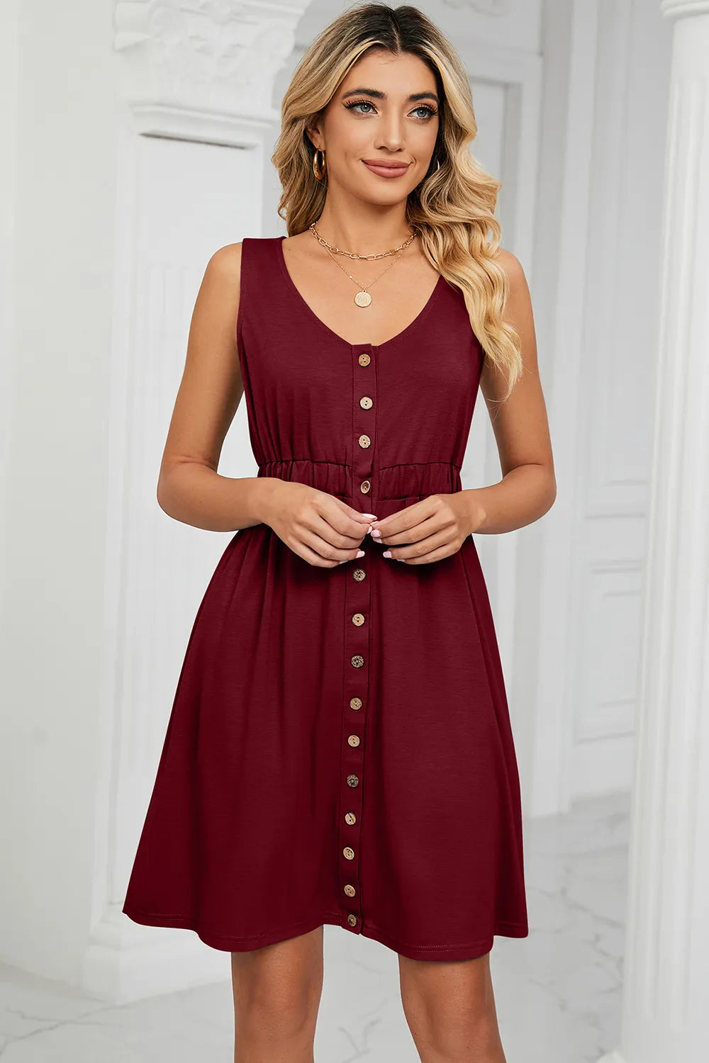 Buttoned Wide Strap Mini Dress - Blushé Belle
