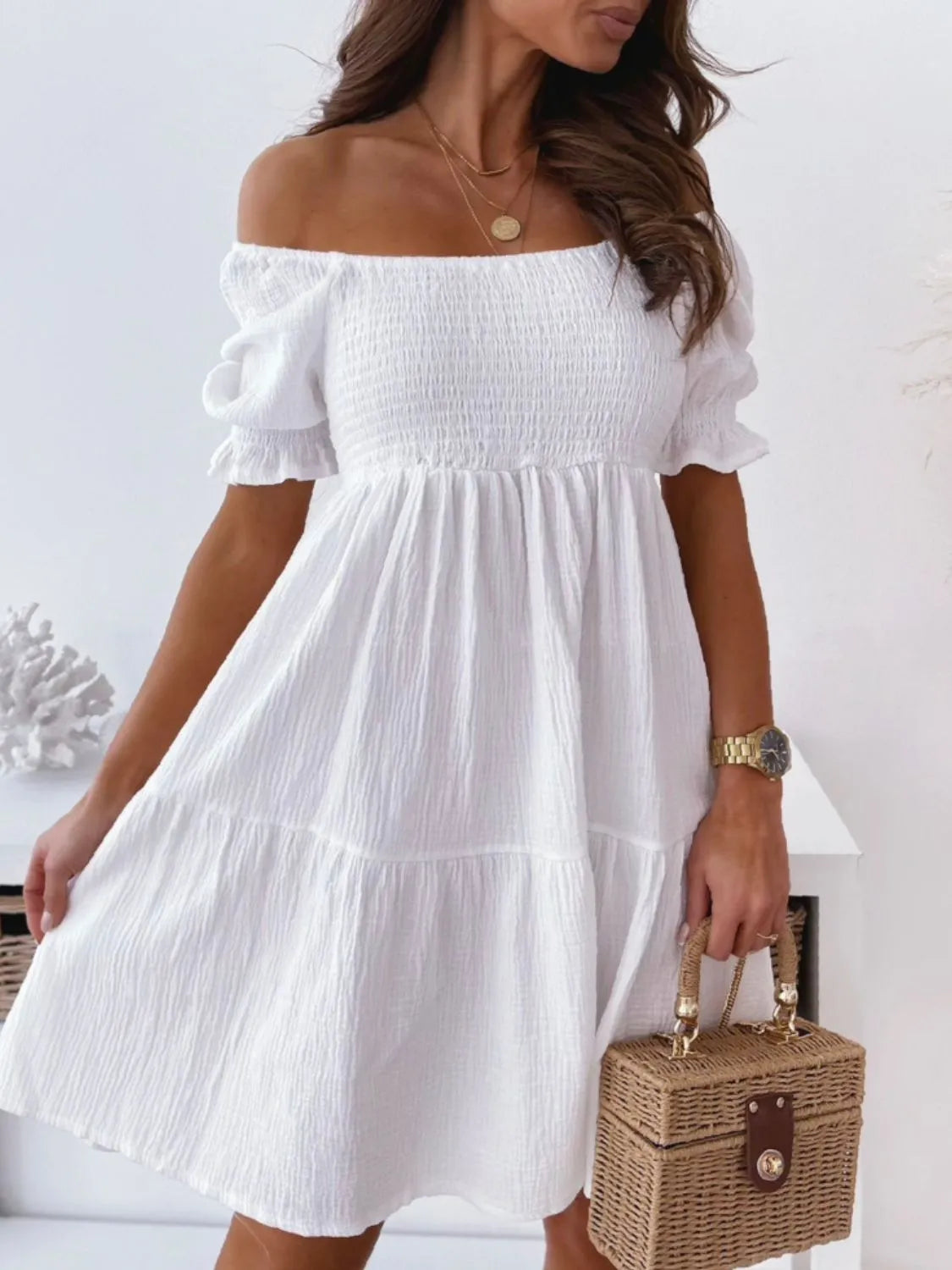 Smocked Off-Shoulder Mini Dress - Blushé Belle