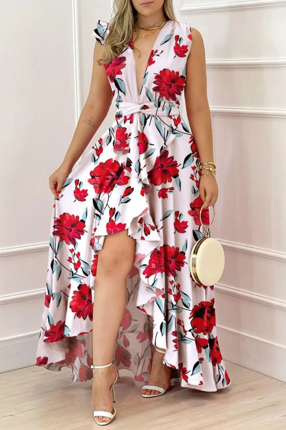 Ruffled Plunge Sleeveless Maxi Dress - Blushé Belle