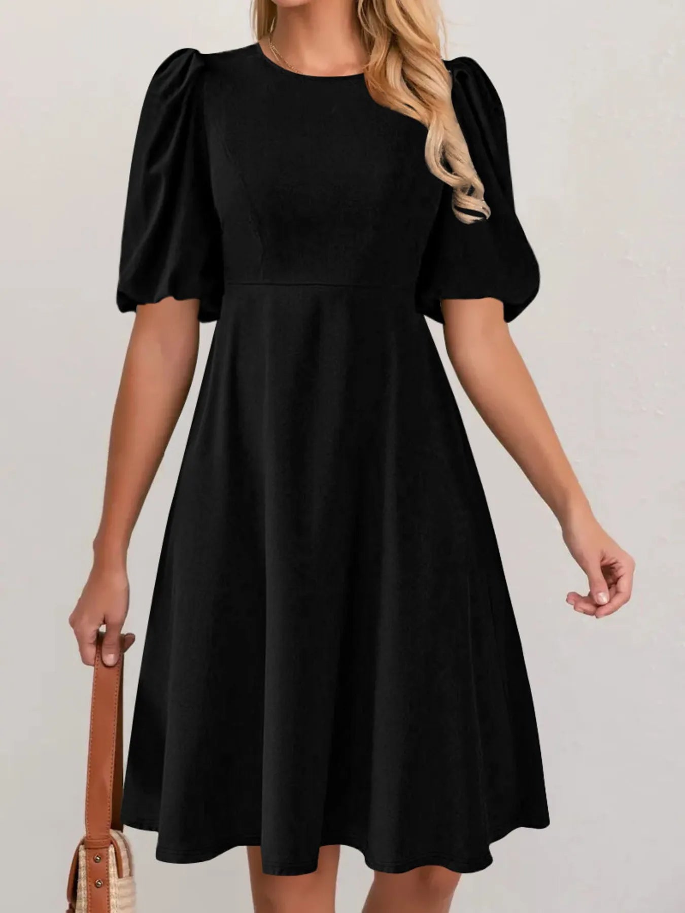 Round Neck Puff Sleeve A-Line Dress - Blushé Belle