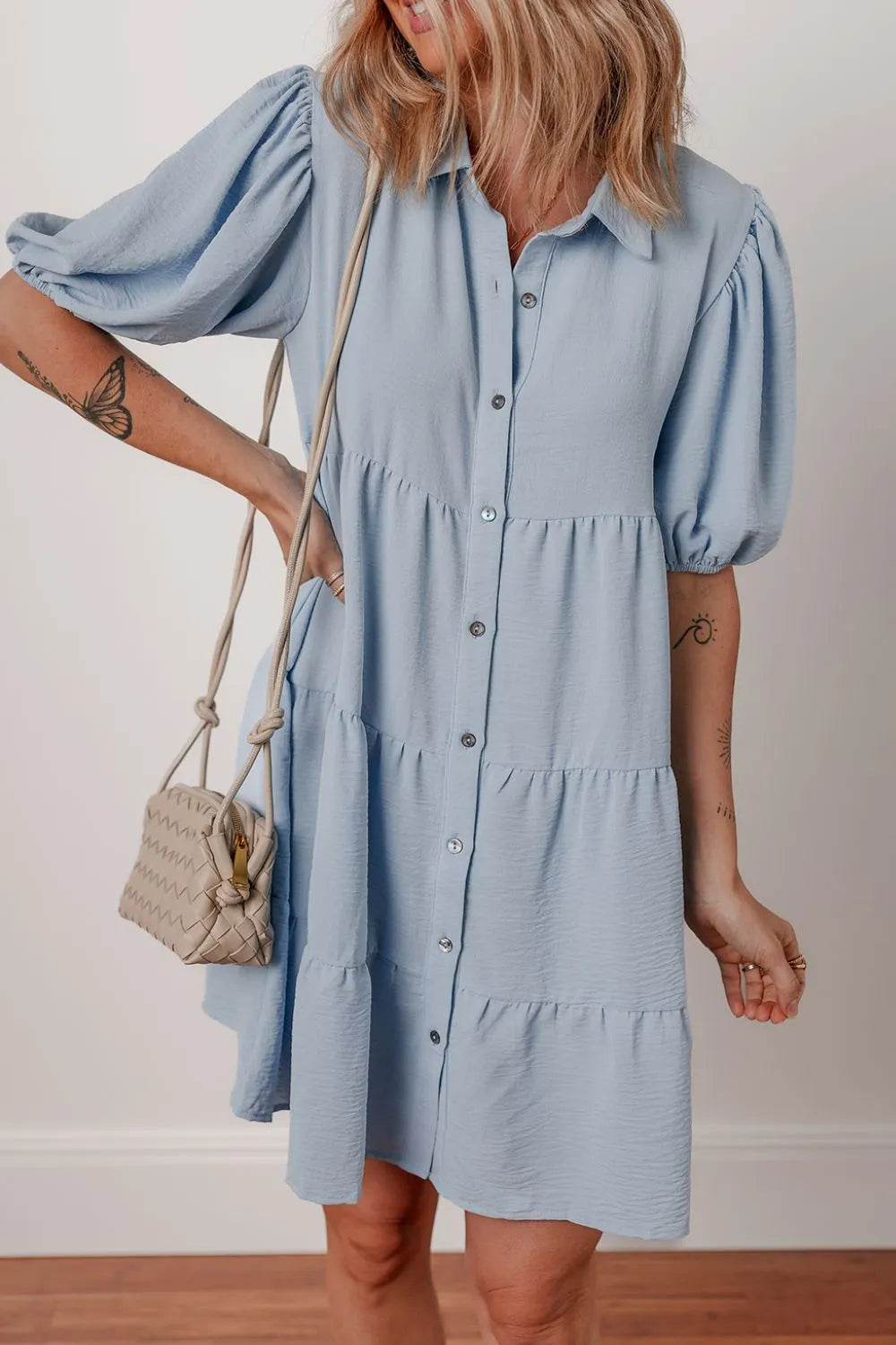 Button Up Puff Sleeve Tiered Shirt Dress - Blushé Belle