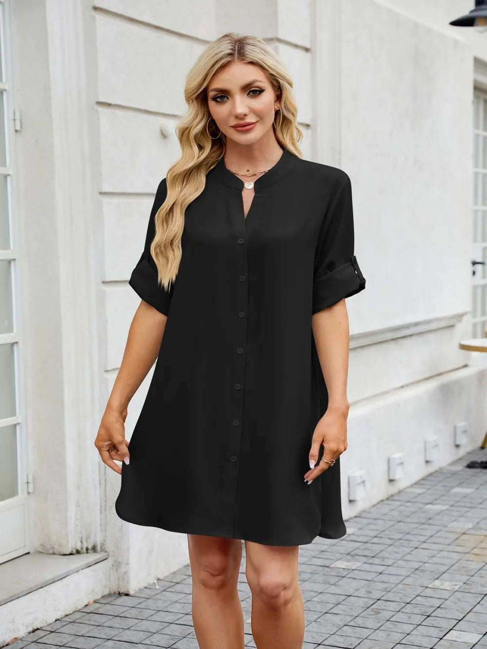 Notched Long Sleeve Mini Shirt Dress - Blushé Belle
