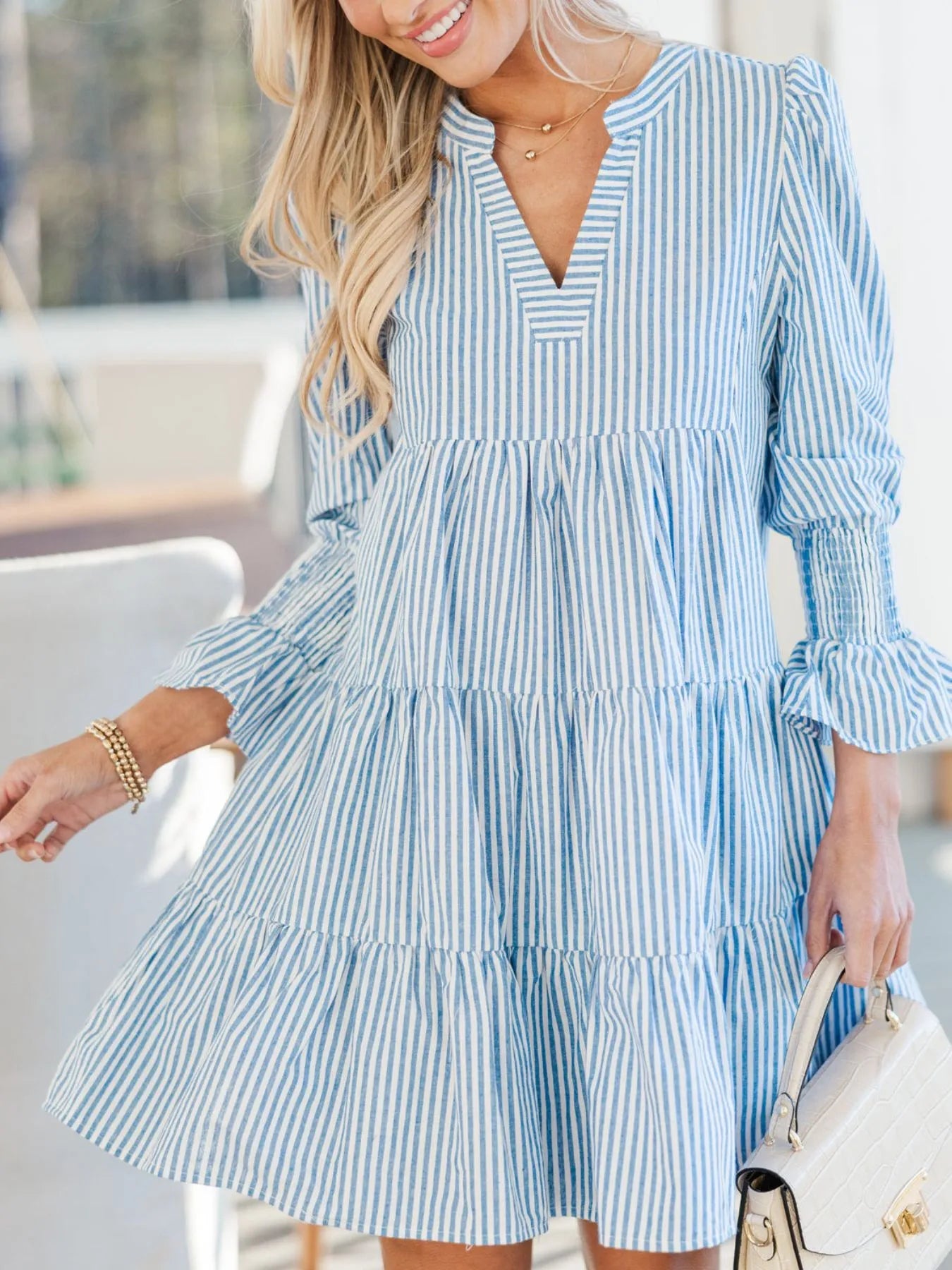 Striped Tiered Flounce Sleeve Shirt Dress - Blushé Belle