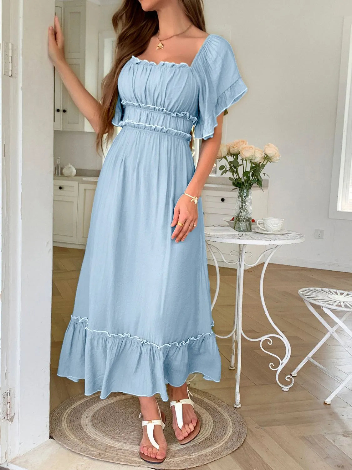 Square Neck Puff Sleeve Ruffle Trim Maxi Dress - Blushé Belle