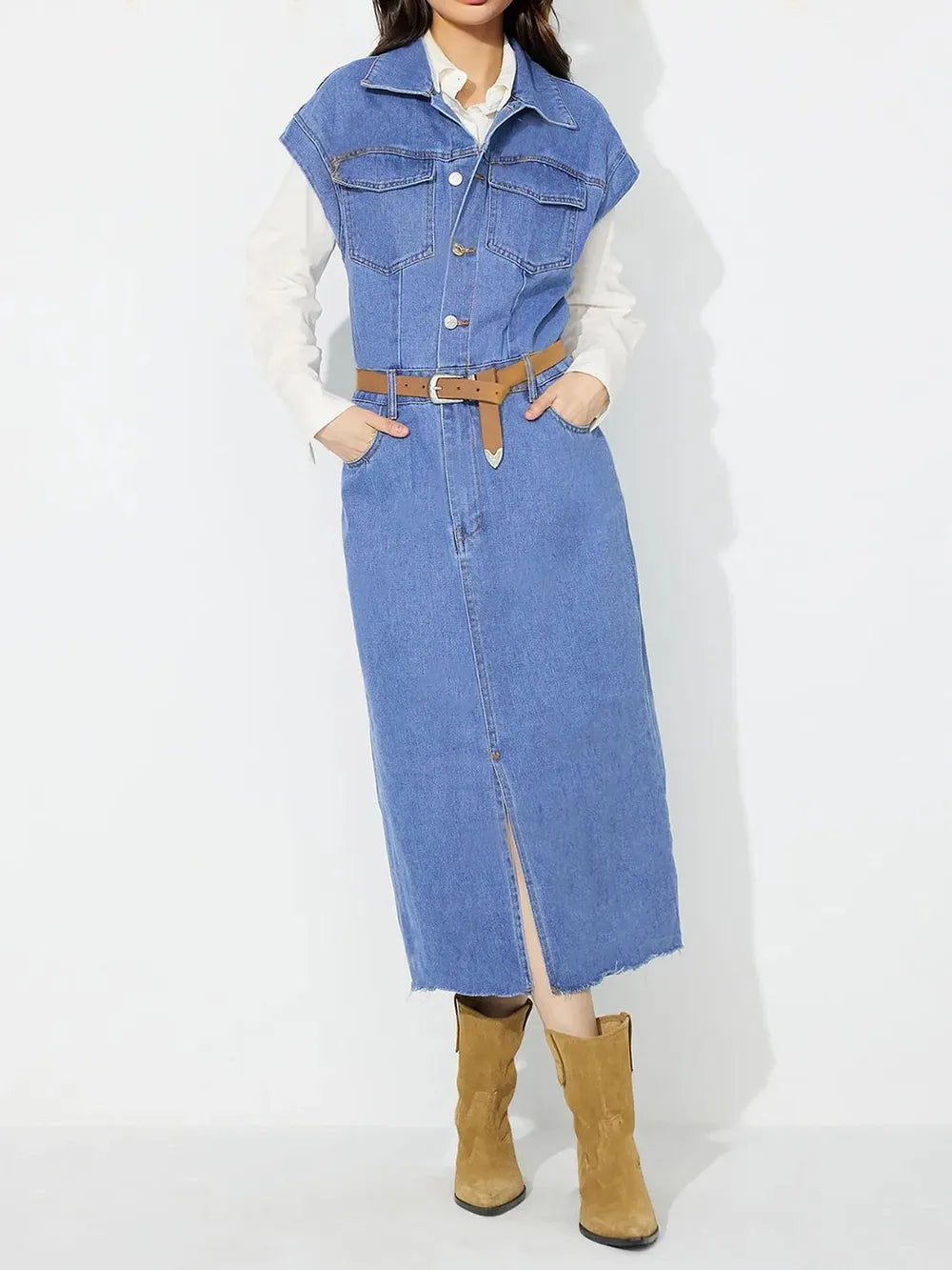Slit Half Button Collared Neck Cap Sleeve Denim Dress - Blushé Belle