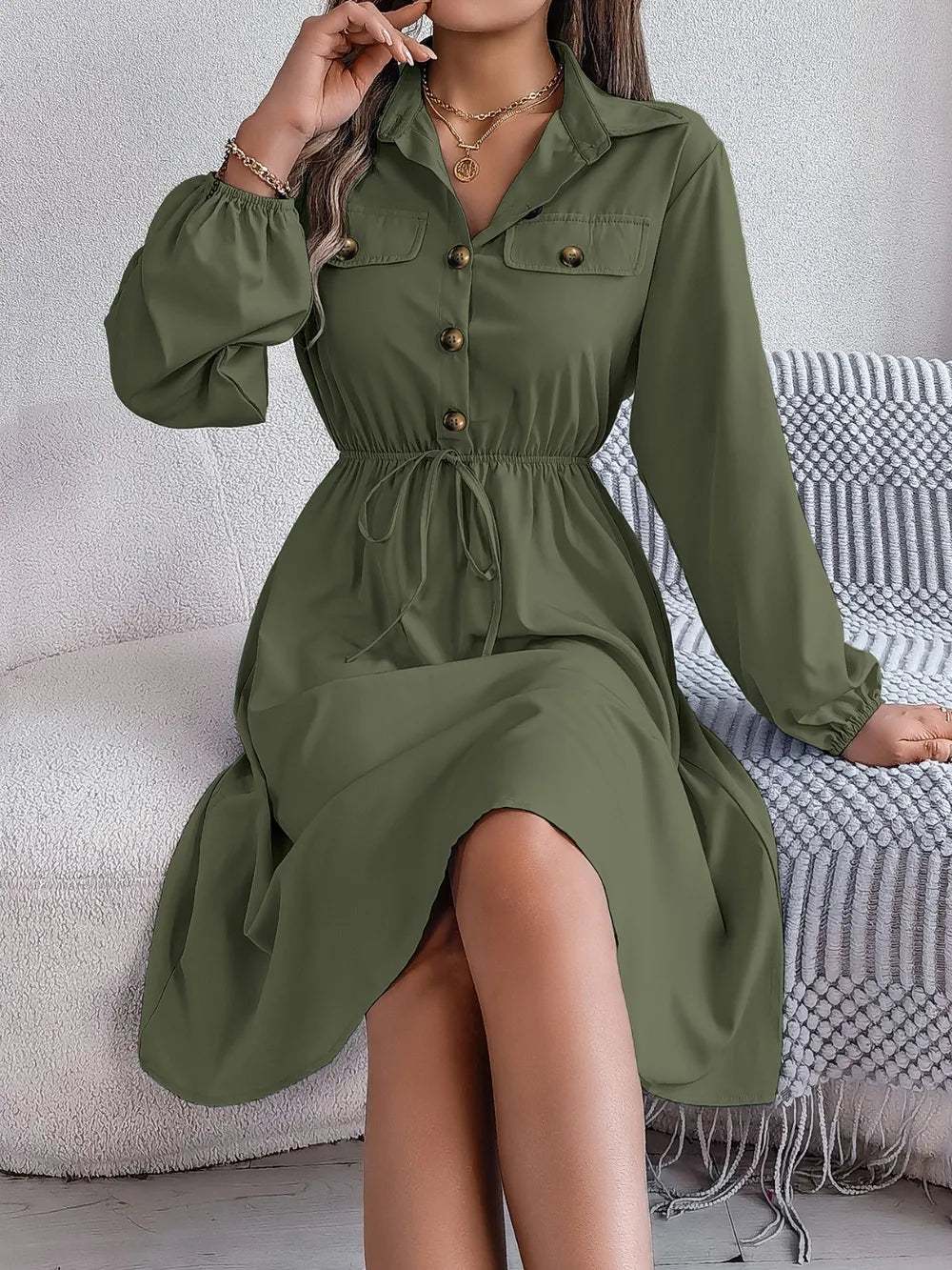 Collared Neck Long Sleeve Dress with Pockets - Blushé Belle