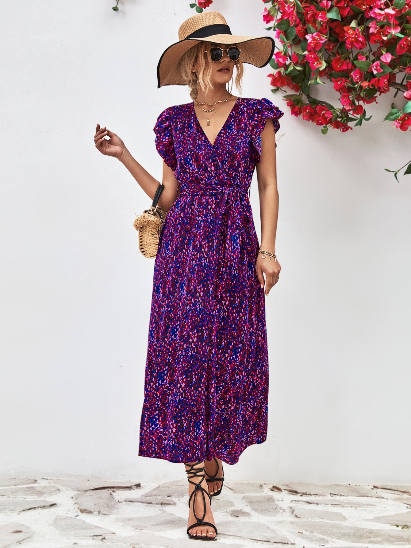 Printed Surplice Neck Flutter Sleeve Slit Dress - Blushé Belle