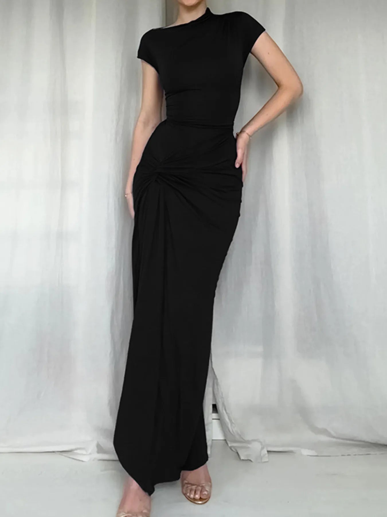 Ruched Slit Cap Sleeve Maxi Dress - Blushé Belle