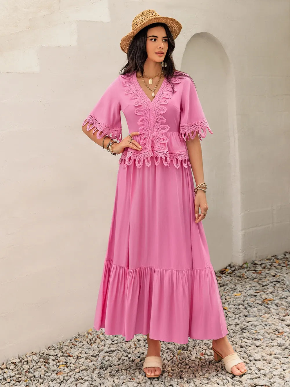 Lace Detail V-Neck Half Sleeve Midi Dress - Blushé Belle