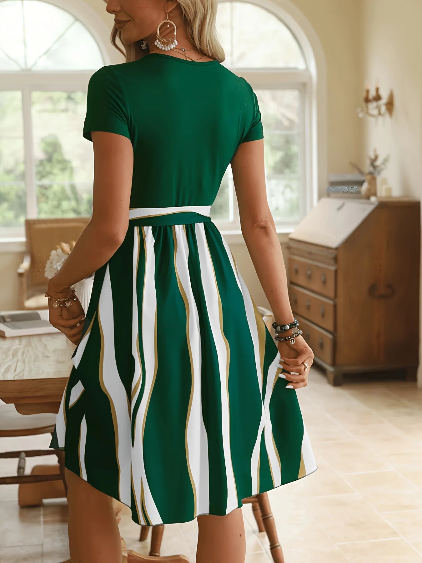 Striped Short Sleeve Tie Waist Dress - Blushé Belle
