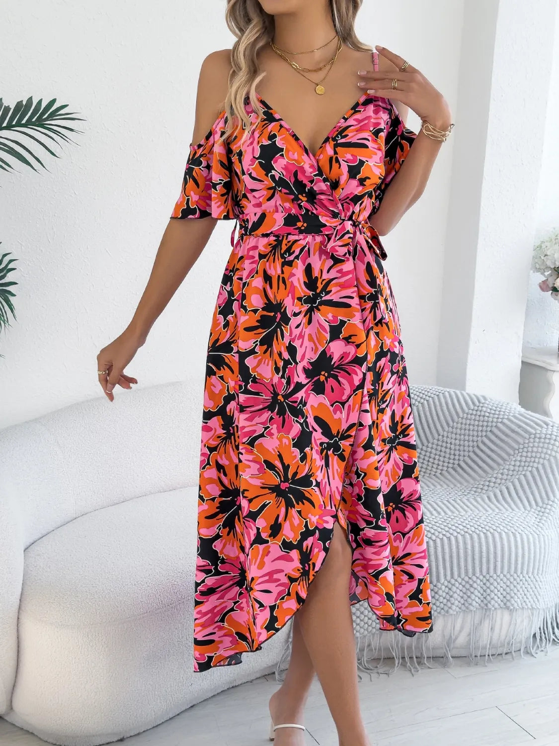 Printed Cold Shoulder Midi Cami Dress - Blushé Belle