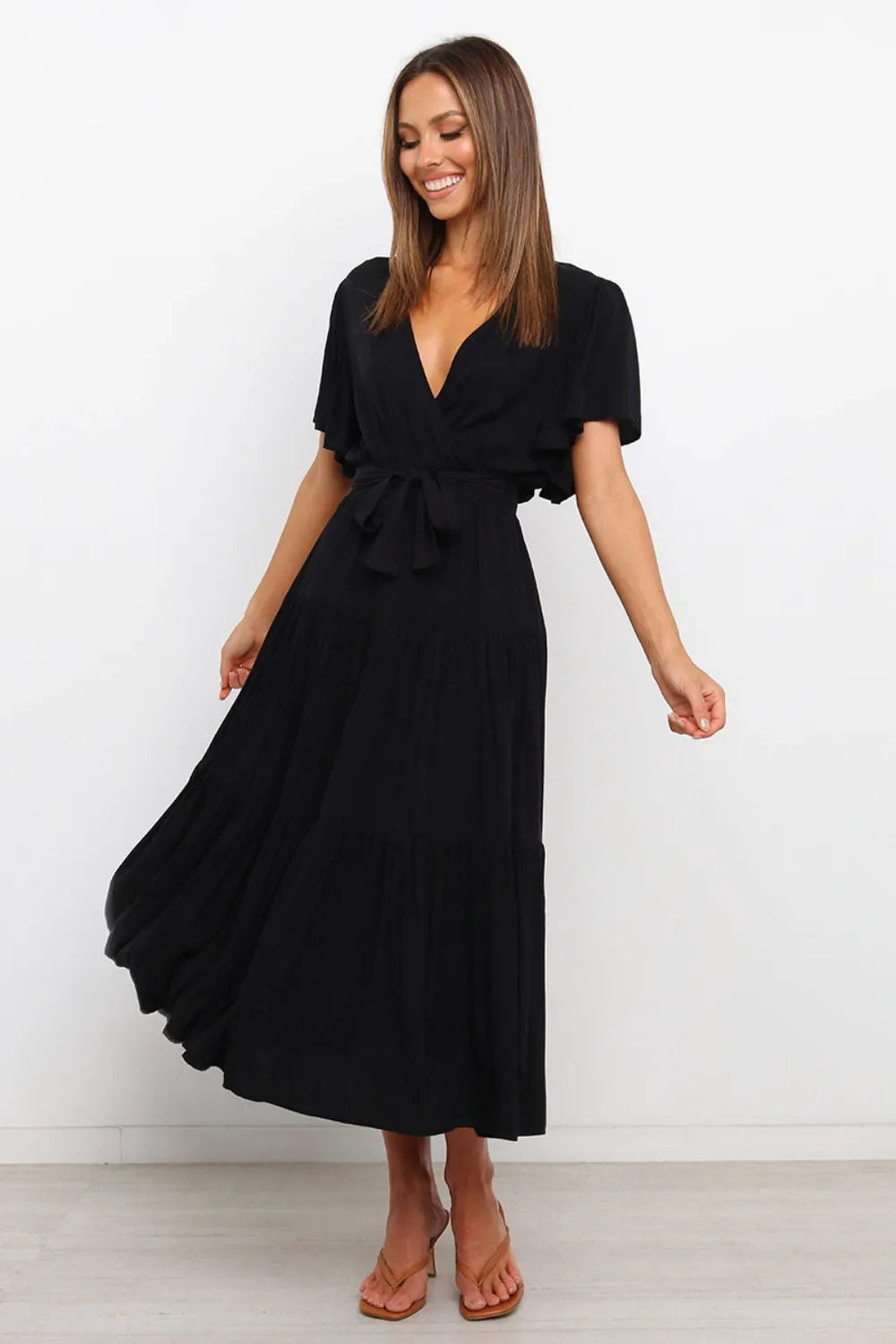 Front Tie Short Sleeve Tiered Midi Dress - Blushé Belle