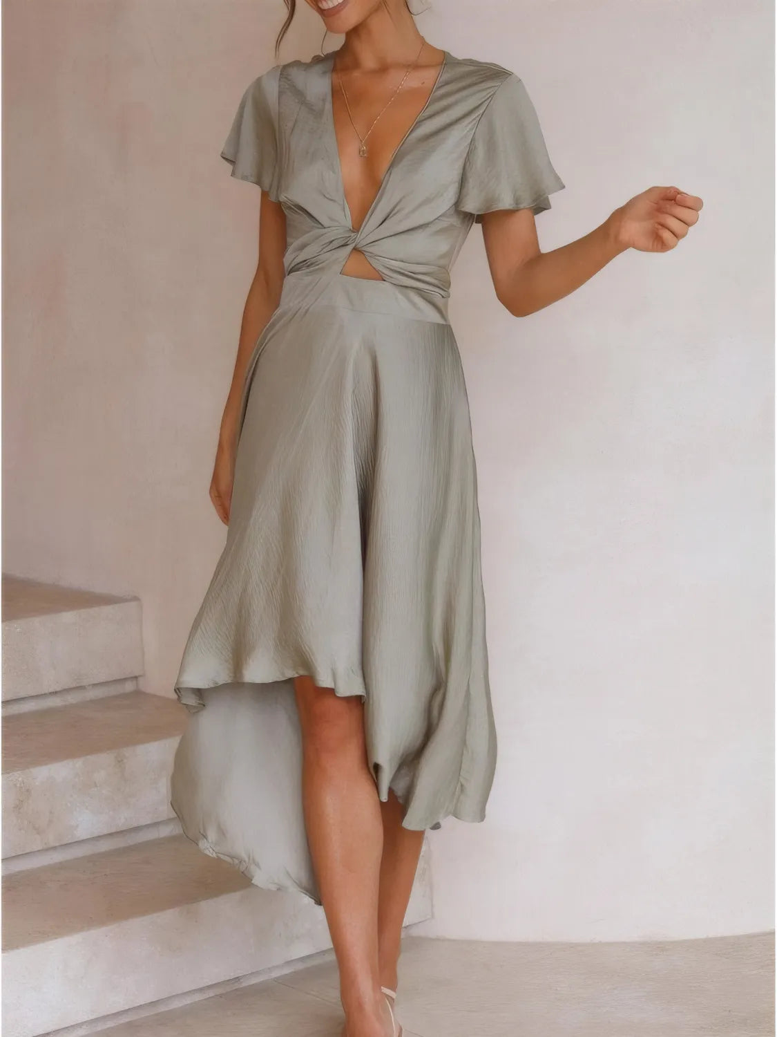 High-Low Plunge Flutter Sleeve Dress - Blushé Belle