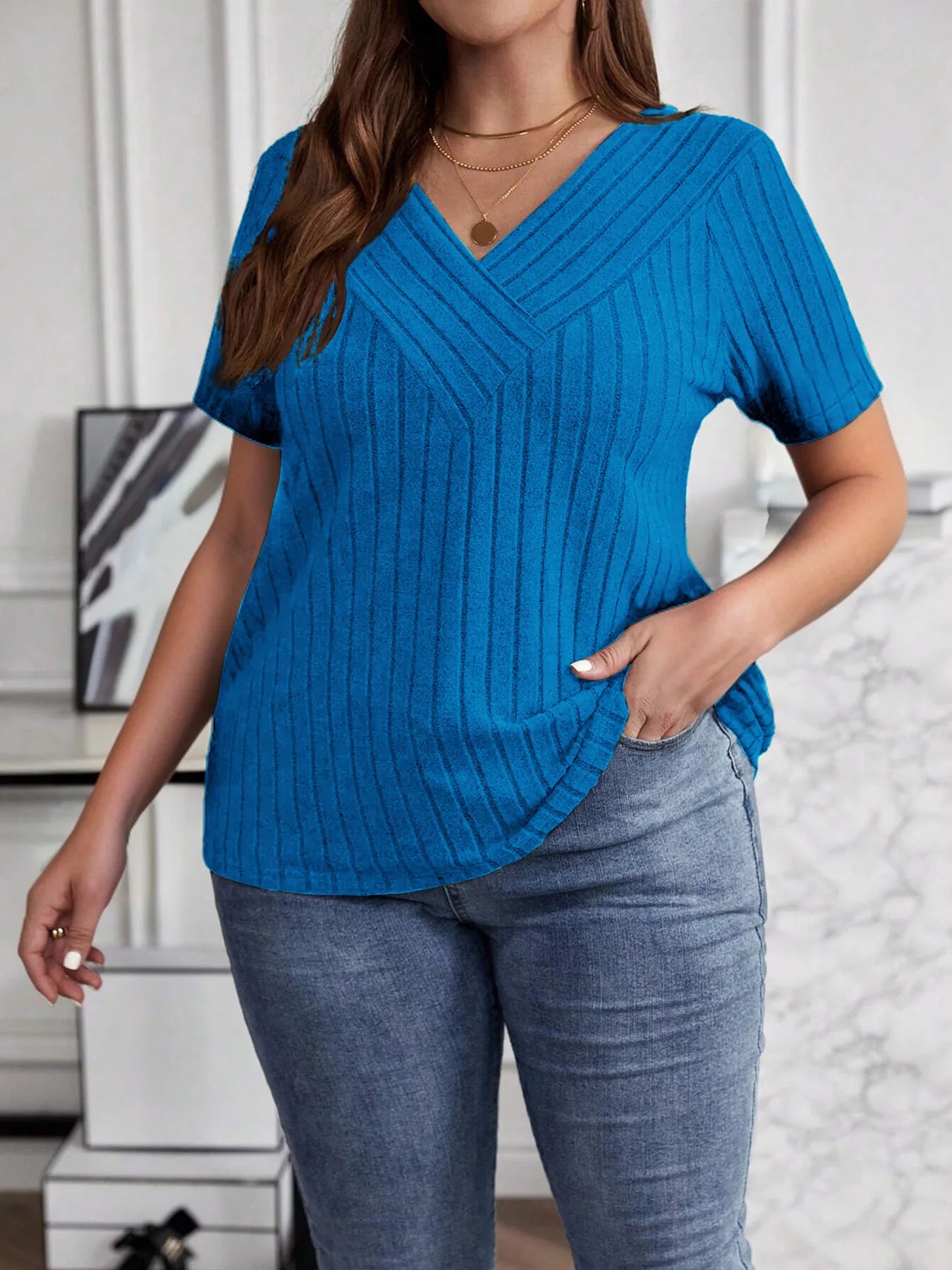 Plus Size V-Neck Short Sleeve Ribbed T-Shirt - Blushé Belle
