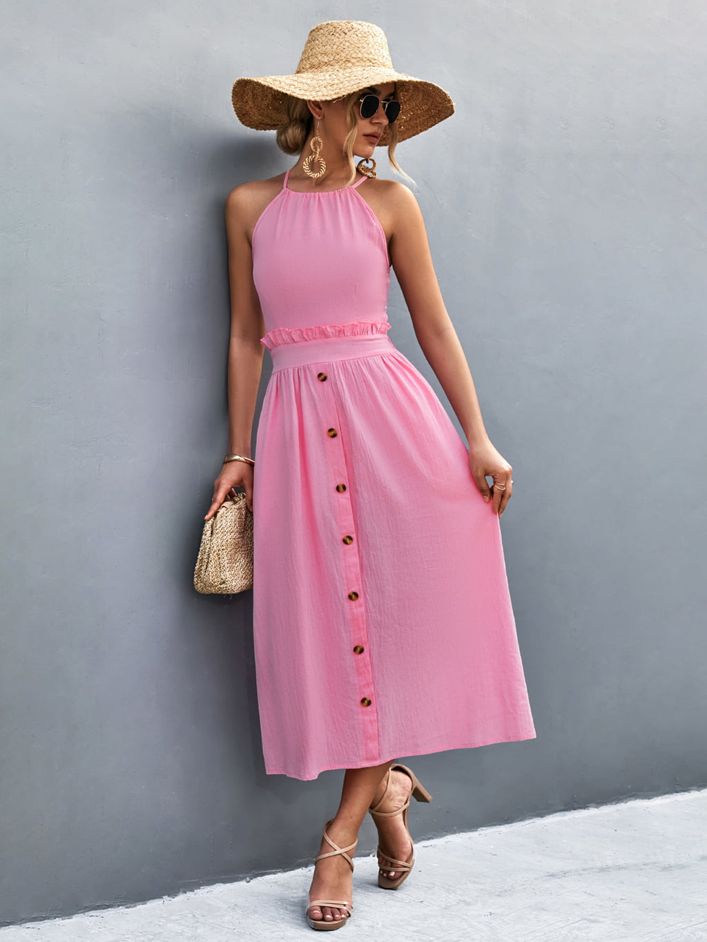Buttoned Halter Neck Frill Trim Midi Dress - Blushé Belle