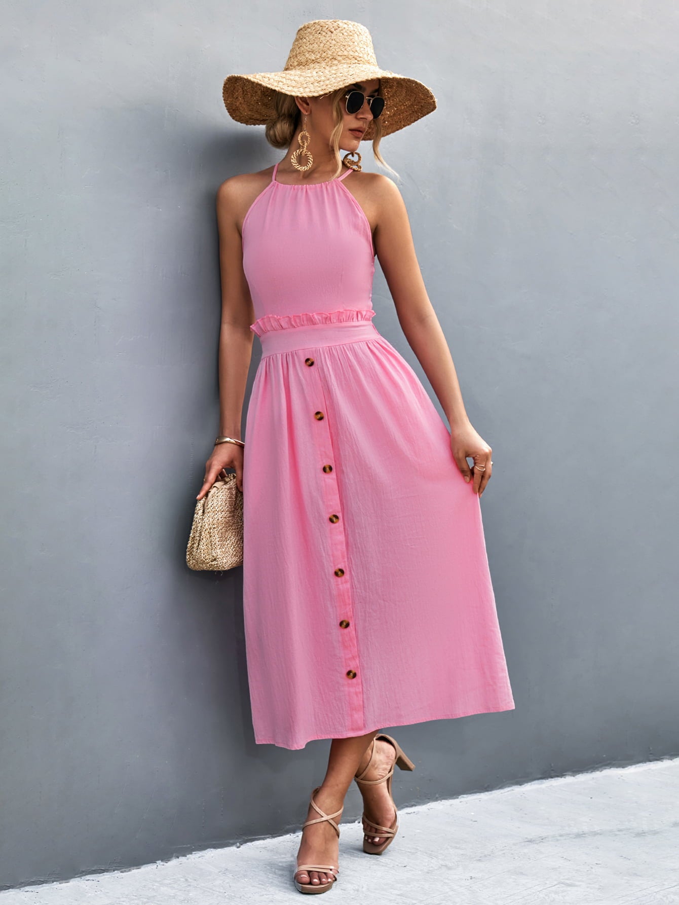Buttoned Halter Neck Frill Trim Midi Dress - Blushé Belle
