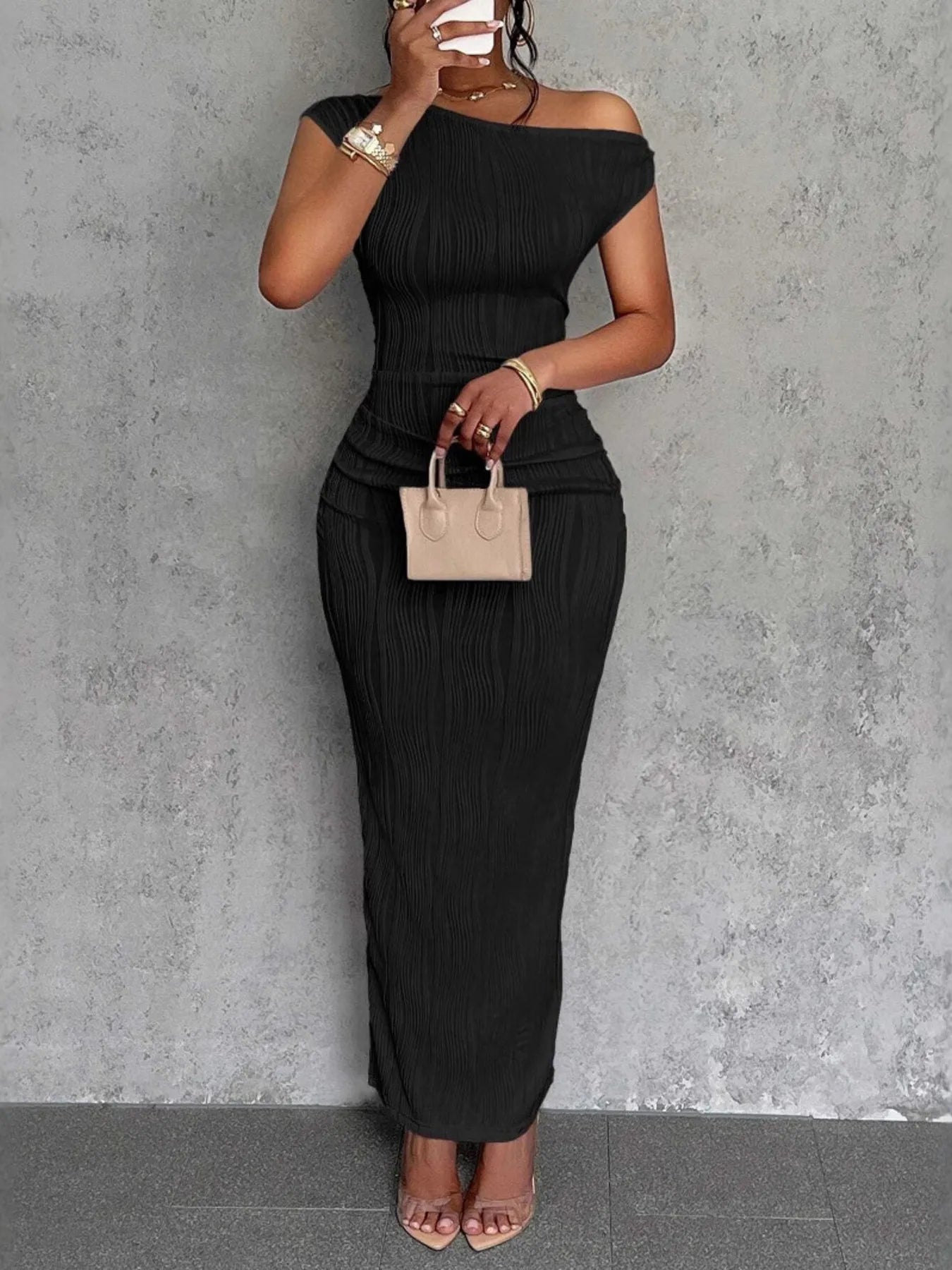 Textured Single Shoulder Bodycon Maxi Dress - Blushé Belle