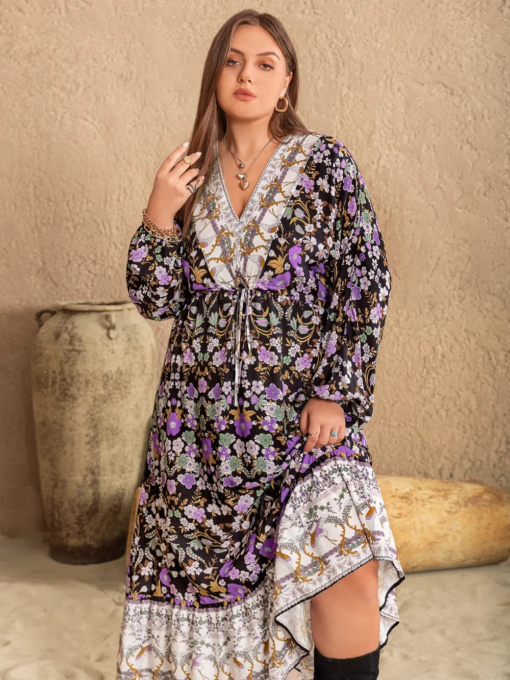 Plus Size V-Neck Balloon Sleeve Printed Midi Dress - Blushé Belle