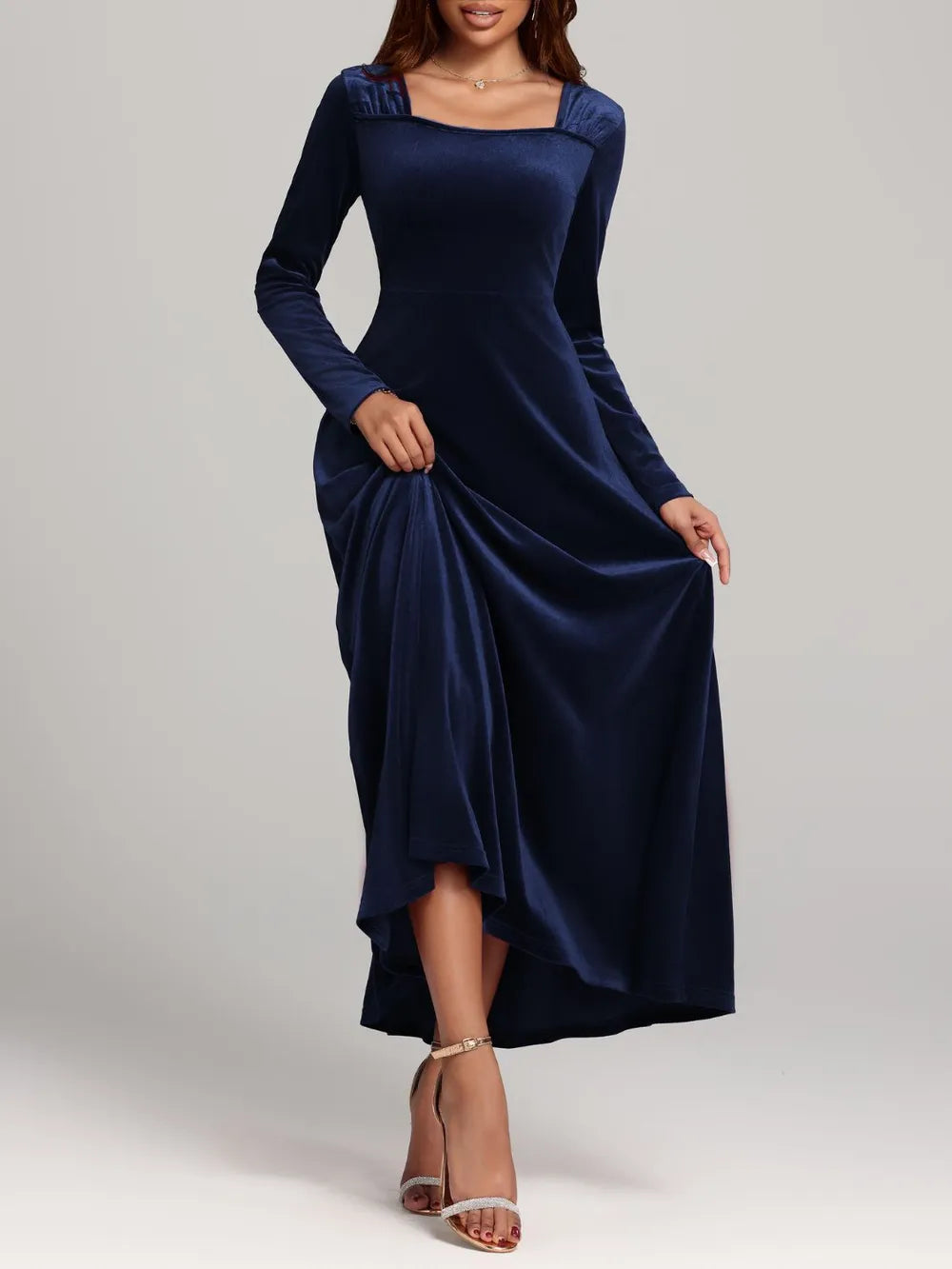 Square Neck Long Sleeve Velvet Dress - Blushé Belle