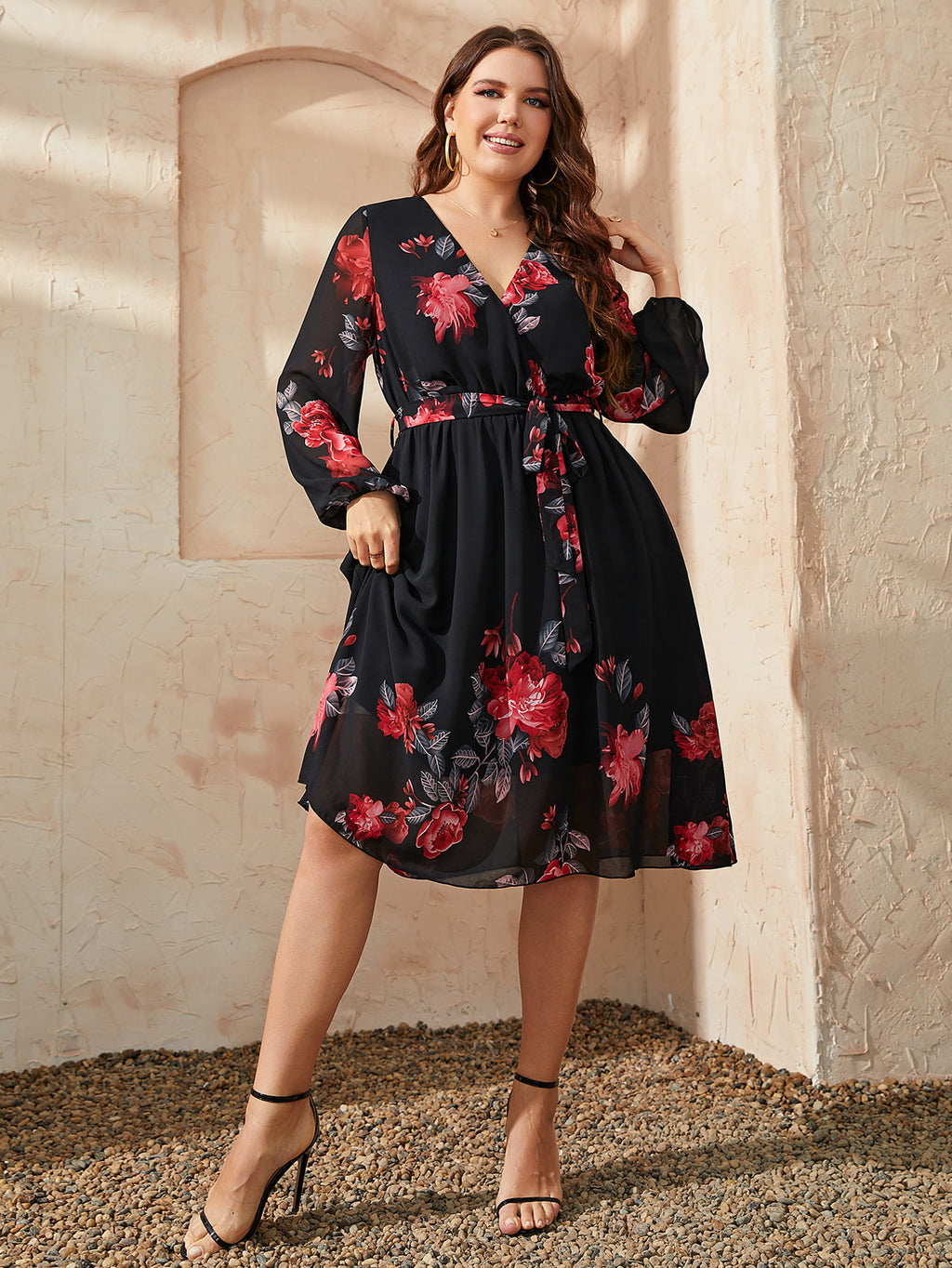 Honey Plus Size Floral Surplice Neck Tie Waist Dress - Blushé Belle