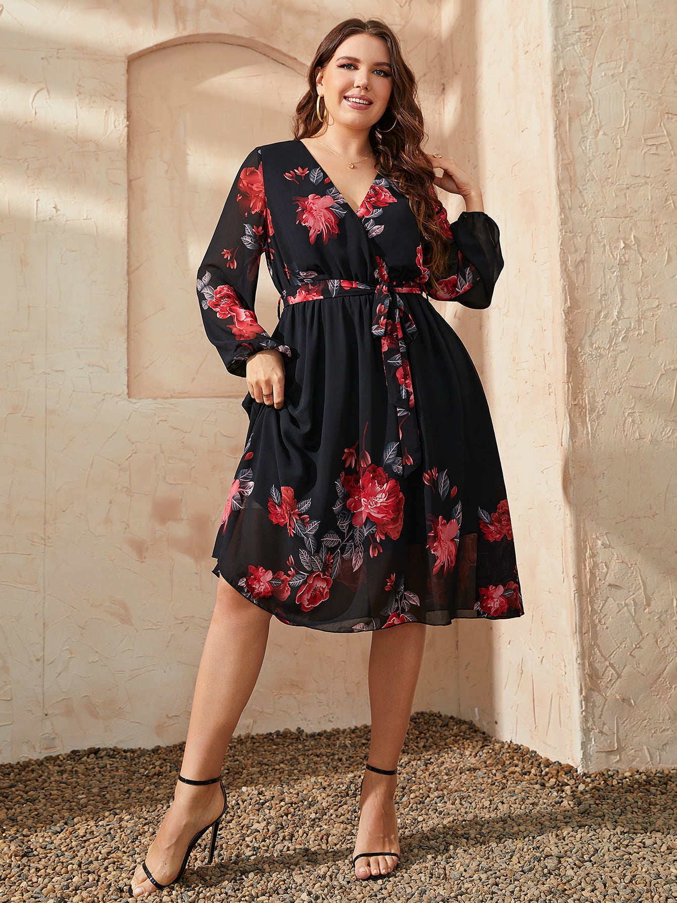 Honey Plus Size Floral Surplice Neck Tie Waist Dress - Blushé Belle