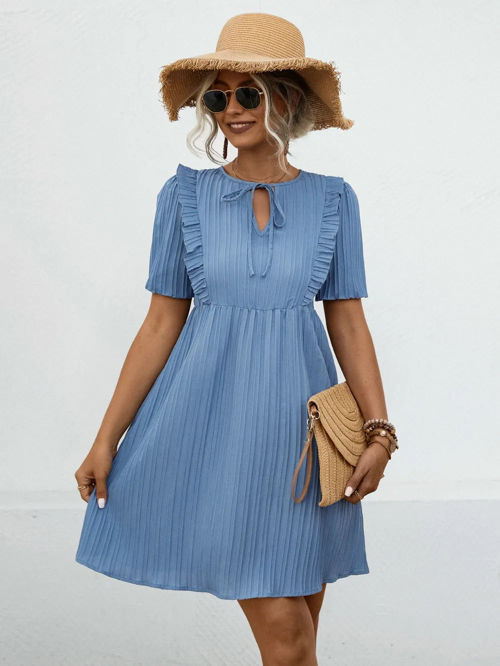 Tie Neck Short Sleeve Mini Dress - Blushé Belle