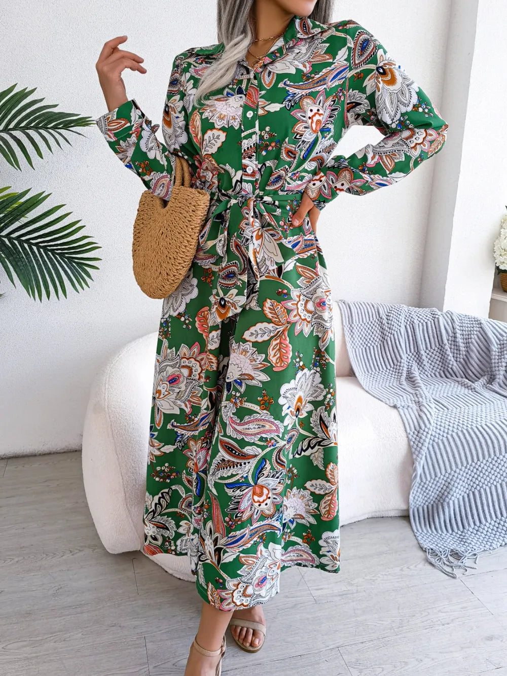 Tied Printed Long Sleeve Midi Dress - Blushé Belle