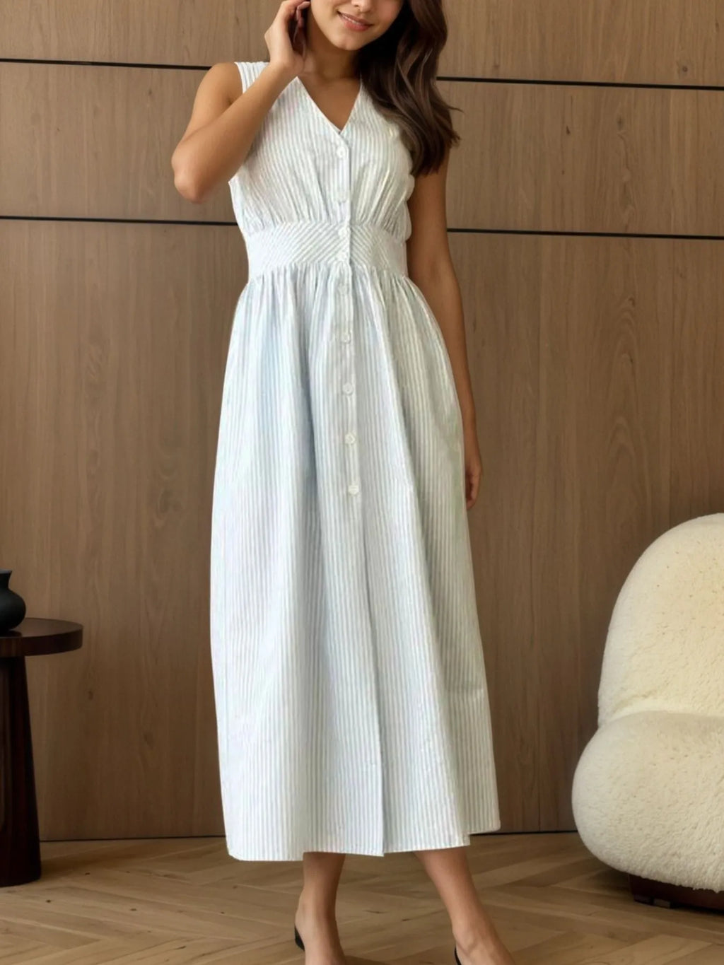 Striped V-Neck Sleeveless Midi Dress - Blushé Belle