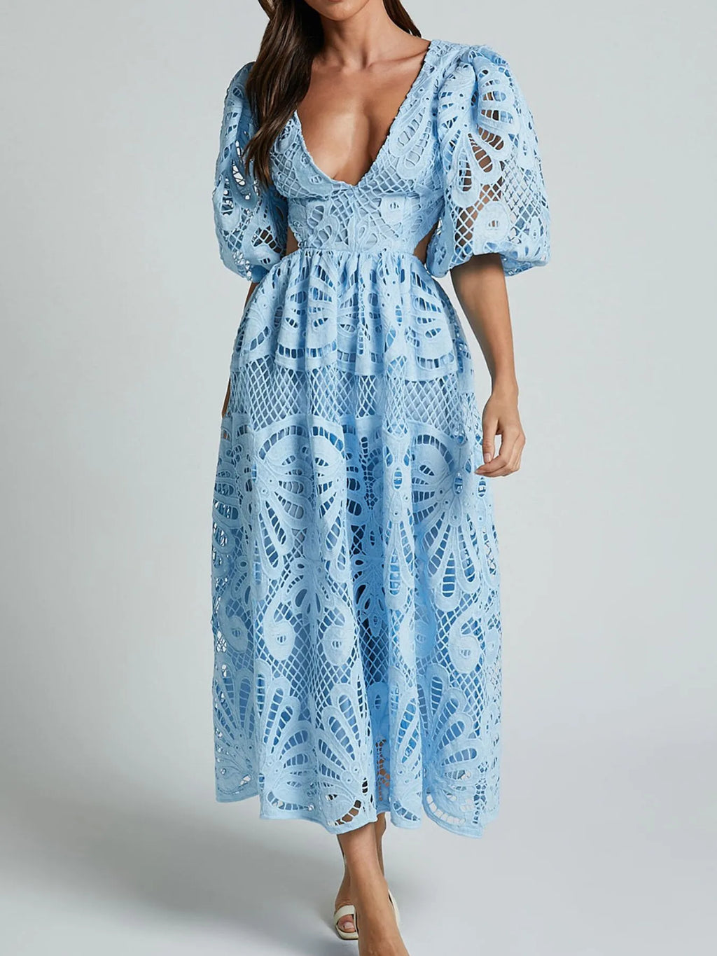 Cutout Back Lace Crochet V-Neck Dress - Blushé Belle