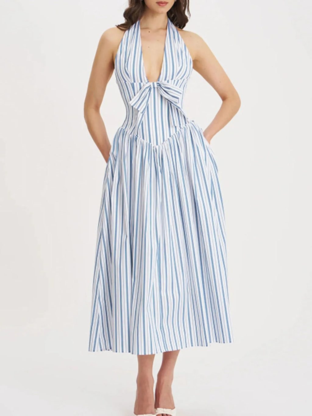 Striped Halter Neck Midi Dress with Tie Front Detail - Blushé Belle