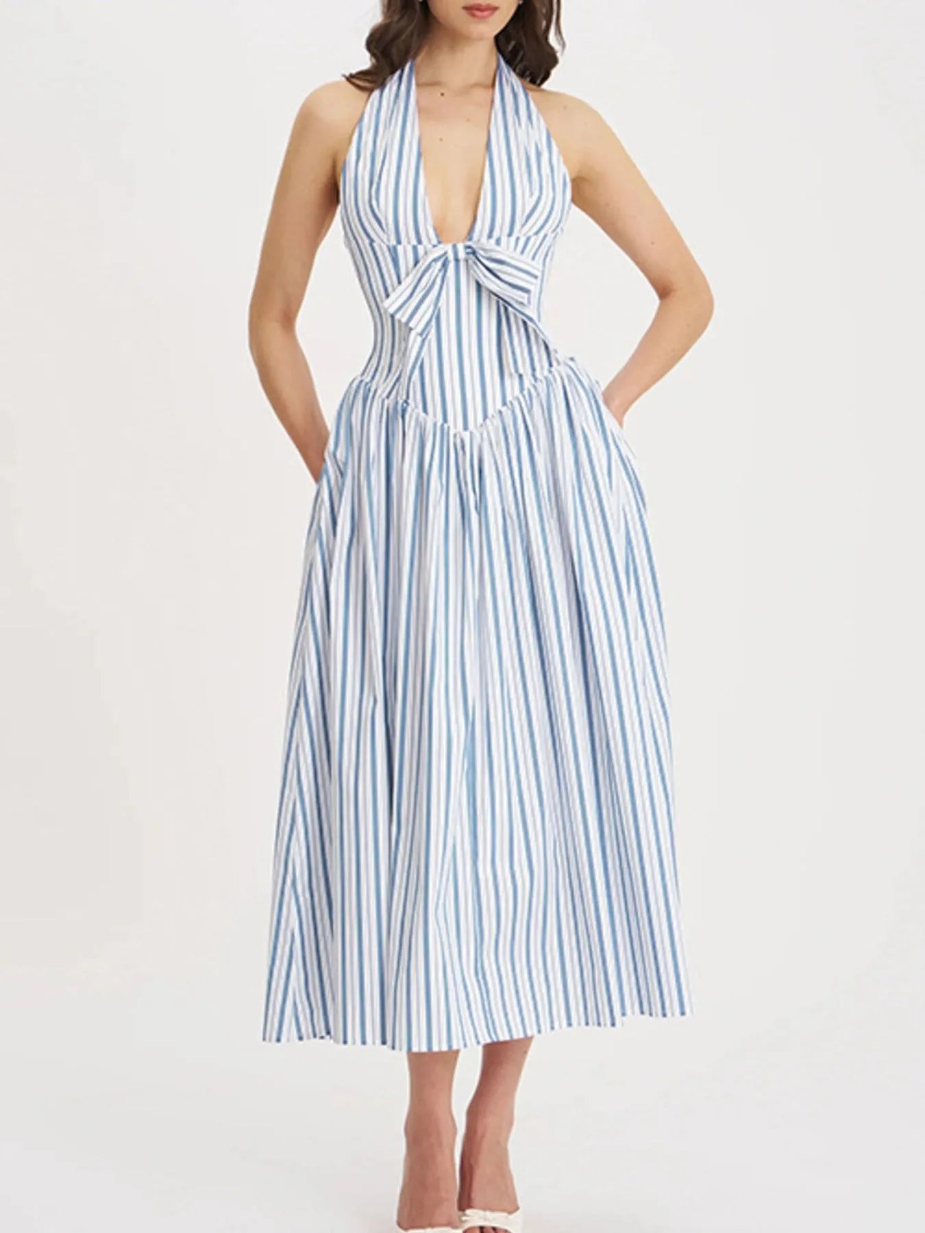 Striped Halter Neck Midi Dress with Tie Front Detail - Blushé Belle